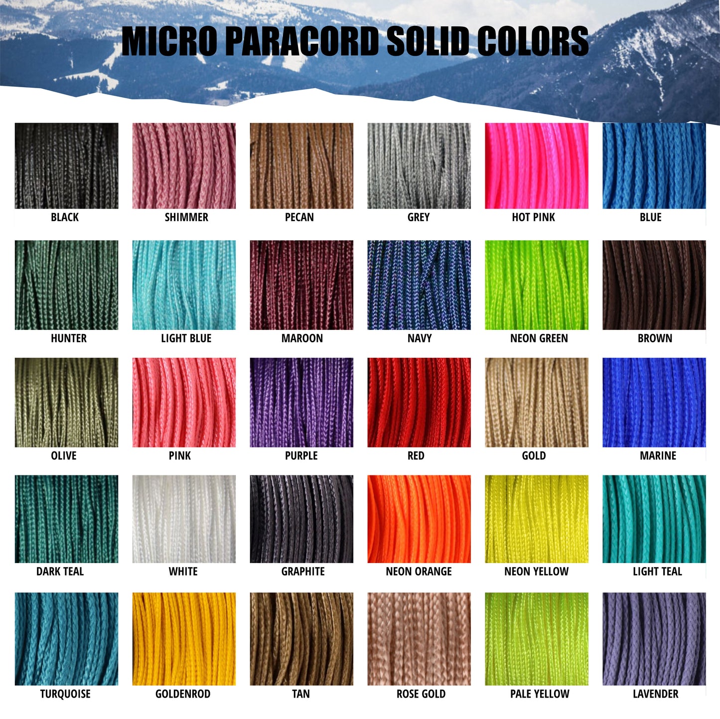 Image displaying available micro paracord colors for Arctic Summit bracelets, featuring a variety of colors such as red, blue, neon green, black, and neon yellow, each with a sample of the cord and corresponding color name label.