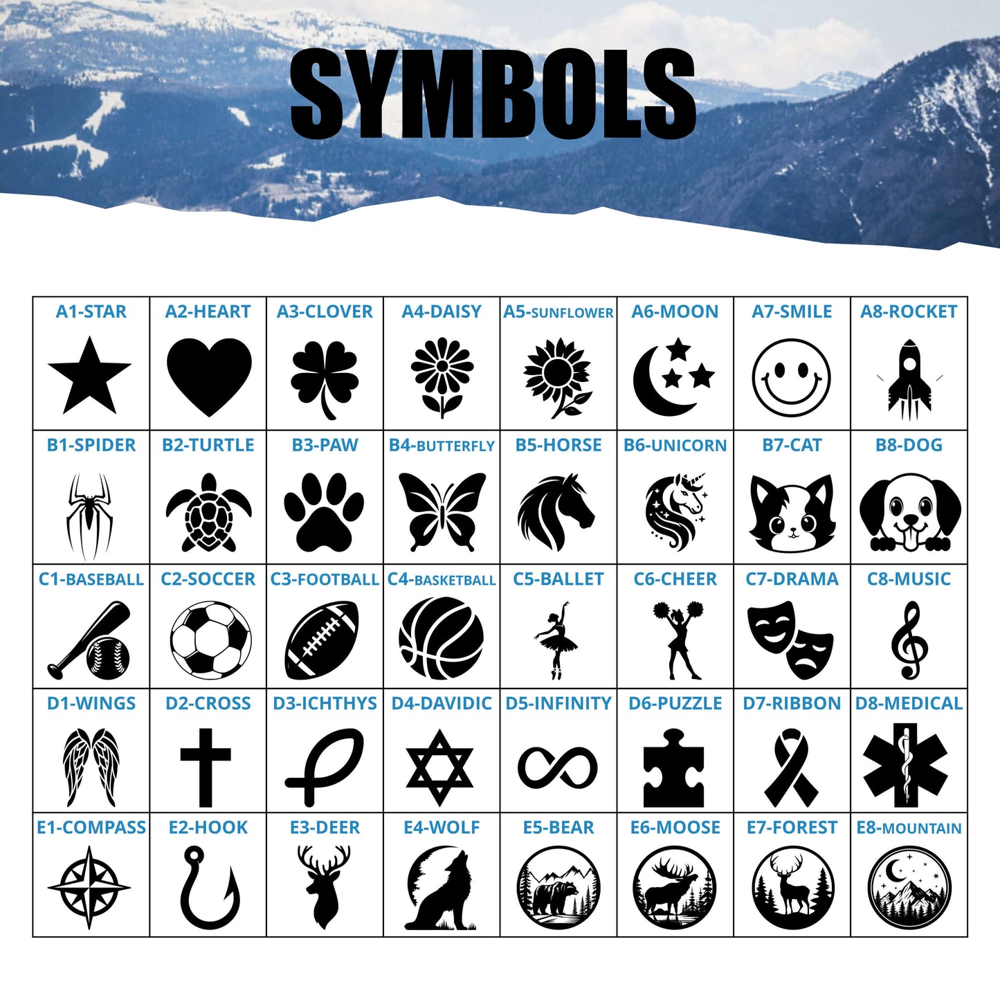 Chart displaying available engraving symbol selections for Arctic Summit bracelets, each labeled with a number for ordering.