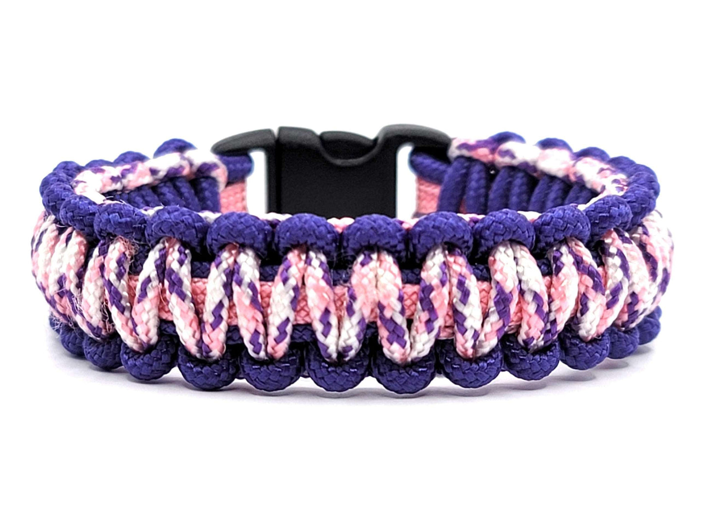 Pink & purple thin 275 paracord ID bracelet displayed on a white background.