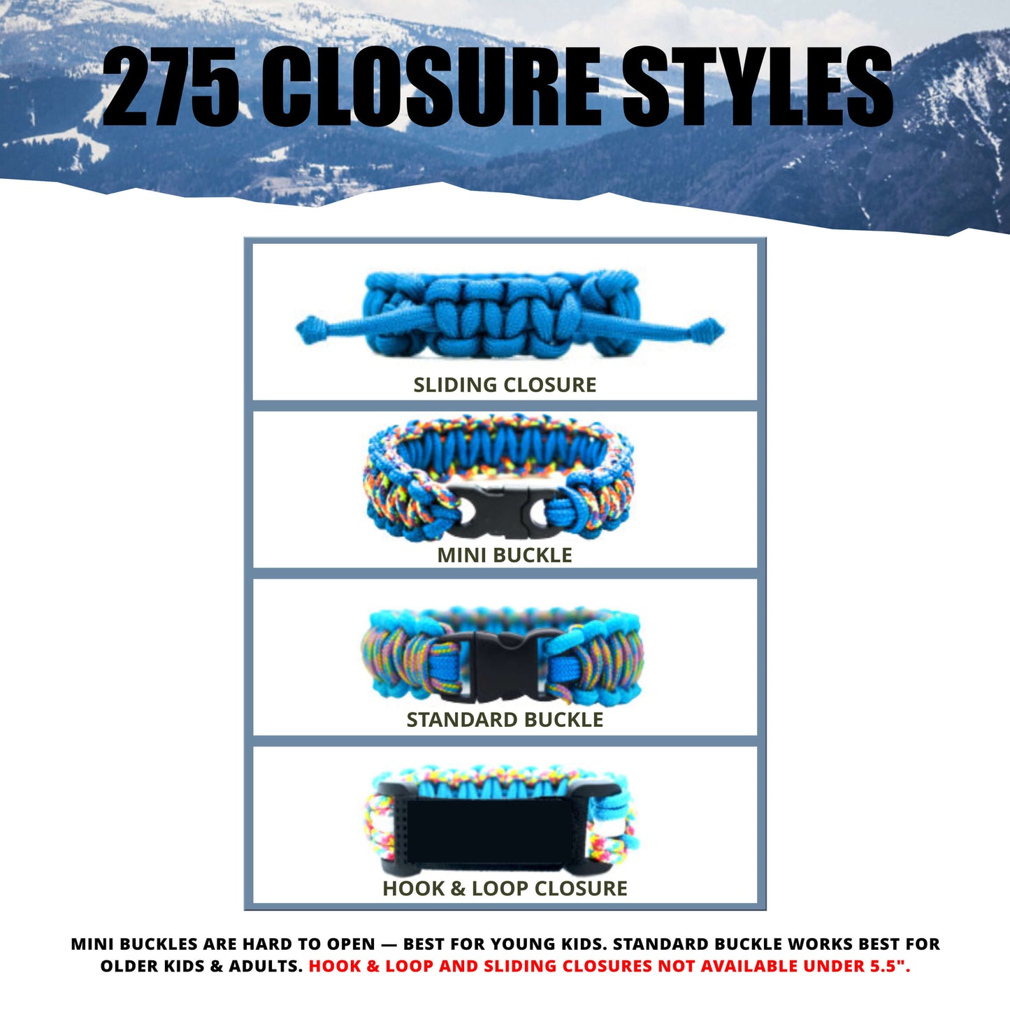 Closure Styles guide for Arctic Summit 275 Paracord bracelets, showing sliding closure, mini buckle, standard buckle, and Velcro closures. Includes average wrist measurements by age.