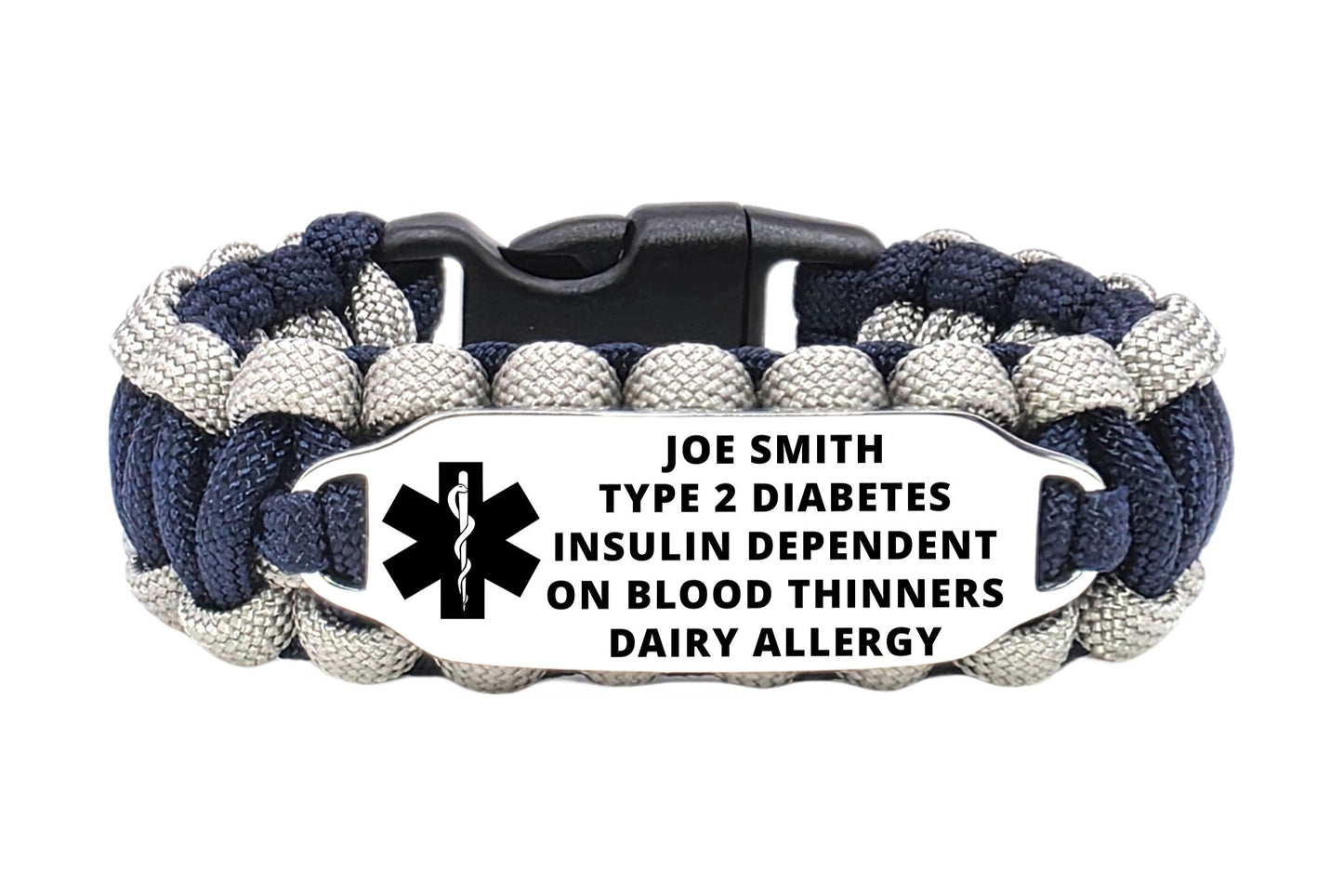 Emergency Contact 550 Paracord Bracelet with Large Engraved Stainless Steel ID Tag