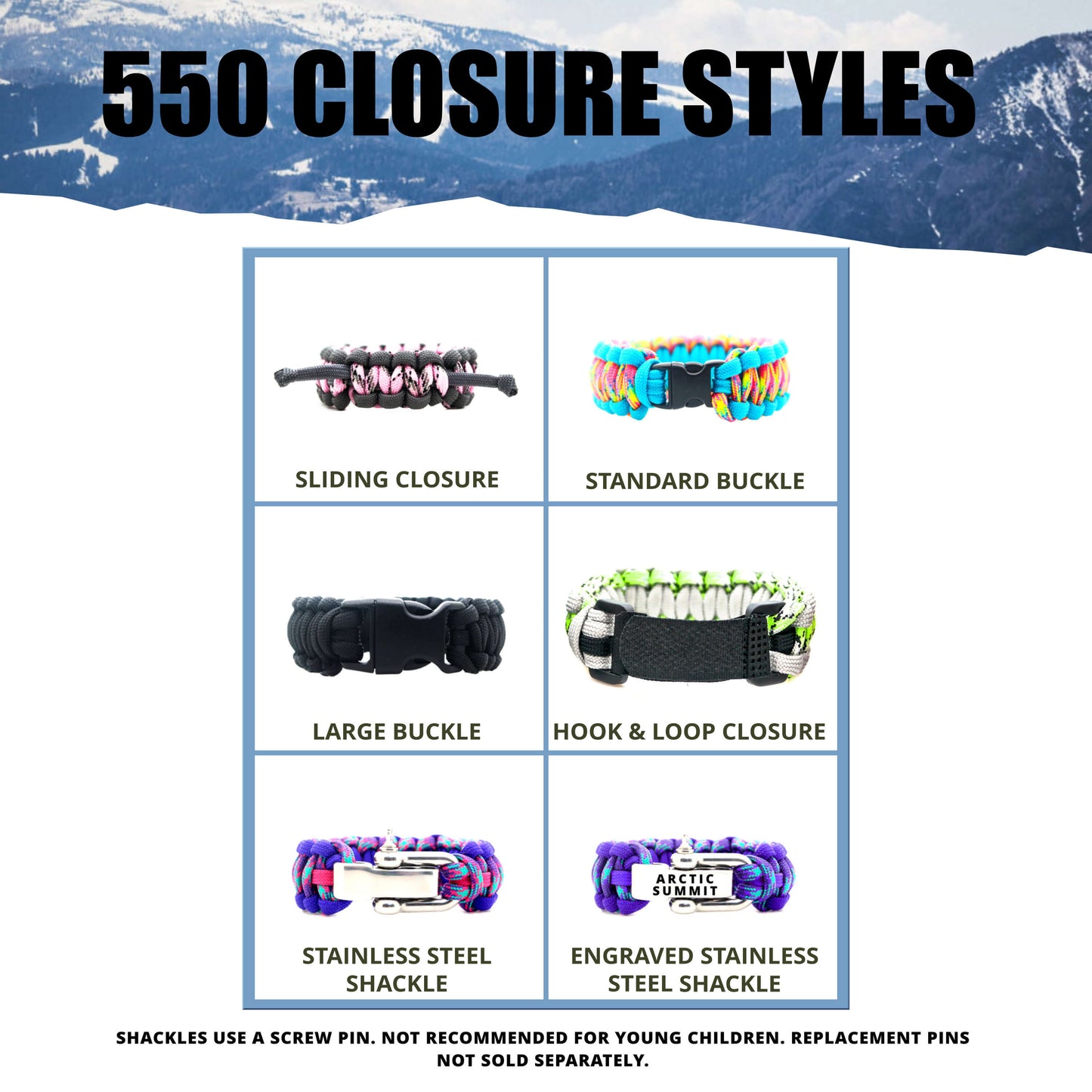 Closure Styles guide for Arctic Summit 550 paracord bracelets, showing sliding closure, standard buckle, large buckle, Velcro closure, and stainless steel shackle. Includes average wrist measurements by age against a mountain backdrop.
