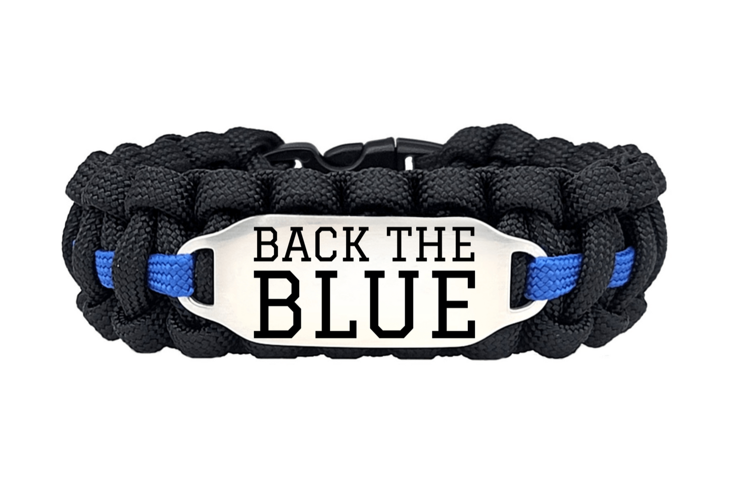 Law Enforcement Back the Blue 550 Paracord Bracelet with Engraved Stainless Steel ID Tag