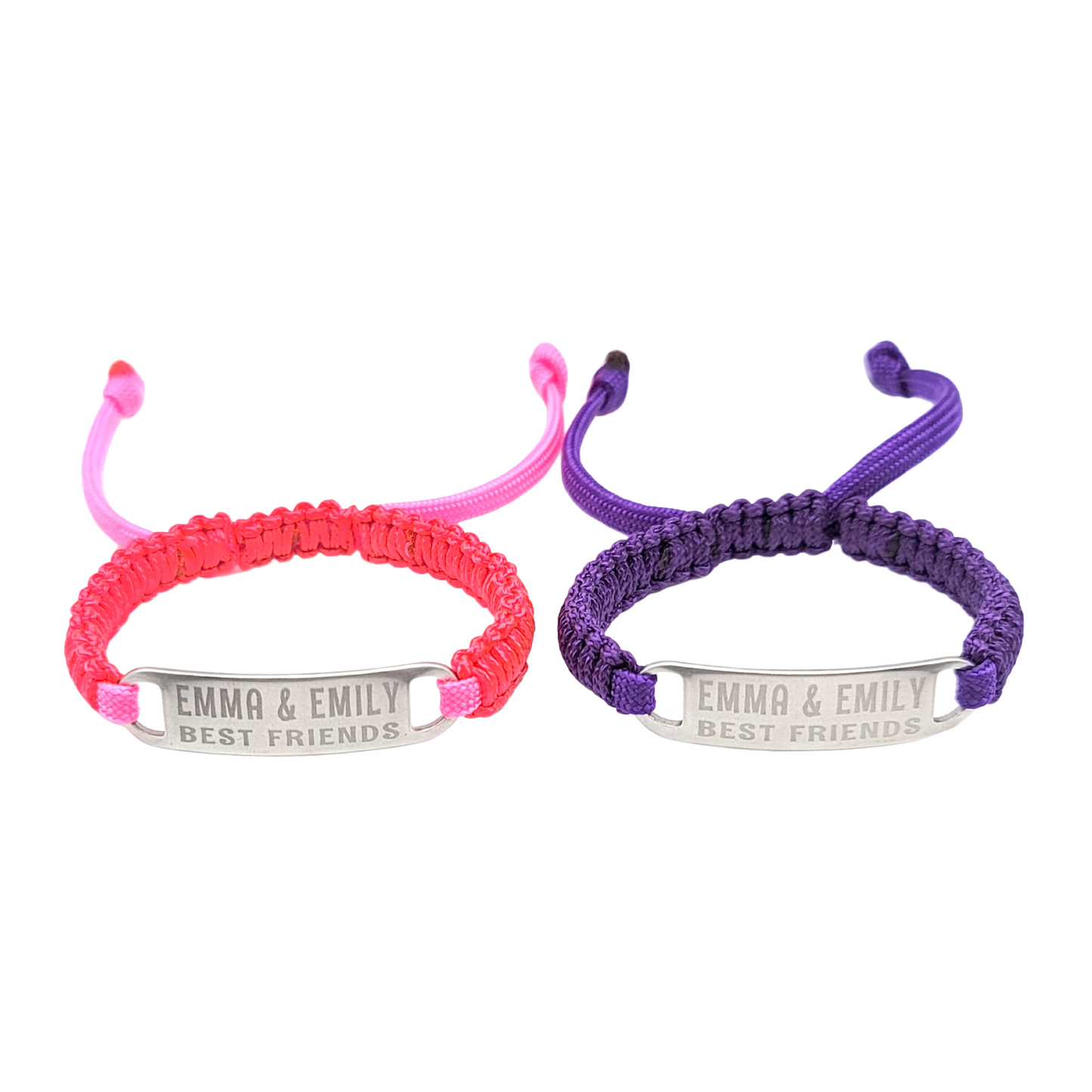 A pair of purple and pink adjustable micro paracord bracelets engraved with Emma & Emily Best Friends, showcased side by side on a clean white background.