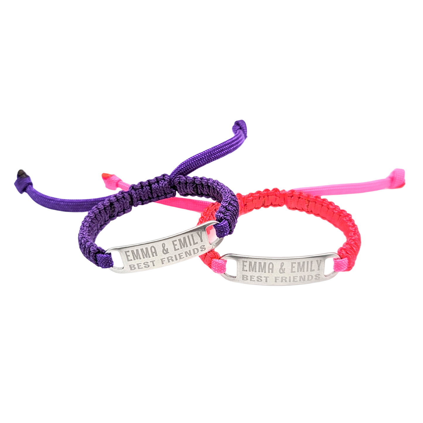 Purple and pink adjustable micro paracord bracelets, engraved with Emma & Emily Best Friends, displayed at a slight angle against a white background.