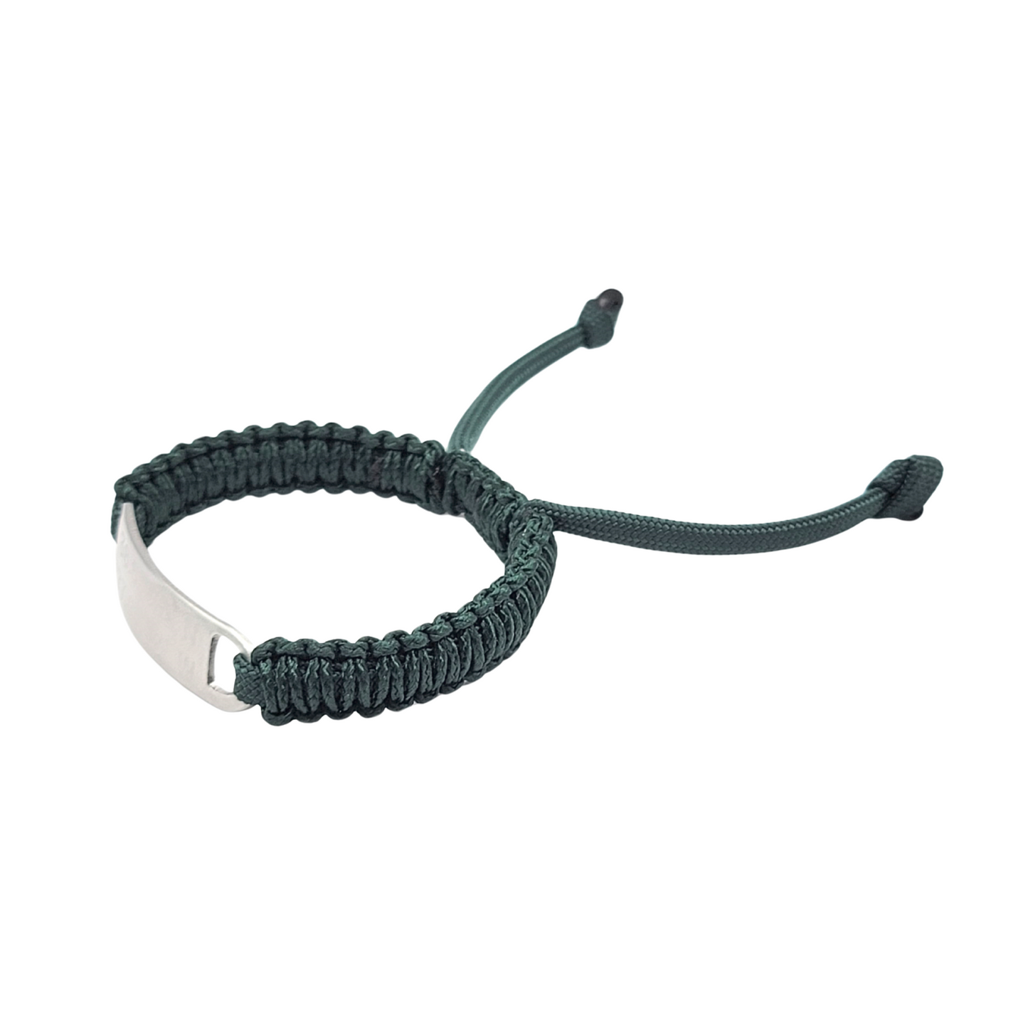 Side view of a dark green paracord bracelet with a metallic tag, showcasing its woven cord design and adjustable pull ties.