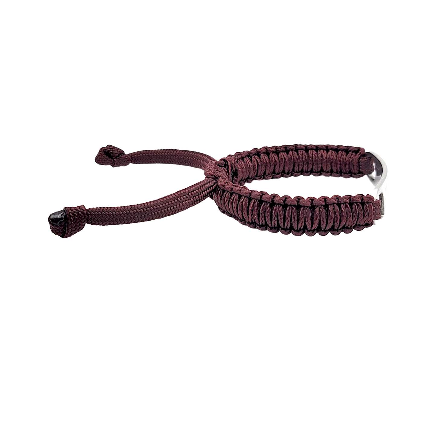 A single maroon micro paracord bracelet with a polished stainless steel tag, showcasing the tight knot details and adjustable cord ends. The bracelet is displayed at an angle on a white background.