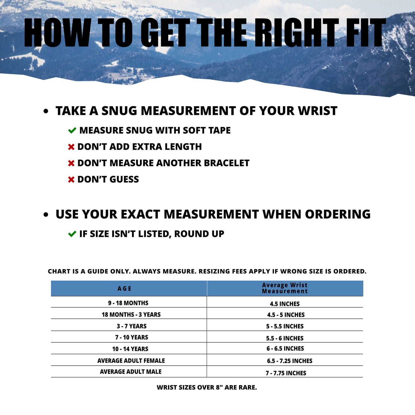 Arctic Summit's 'How to Get a Perfect Fit' guide for bracelets, with steps to measure your wrist, personalization tips, and proof image info. Includes 'Do' and 'Don't' lists for accurate measurements, tips, and descriptions of different ID tag sizes.