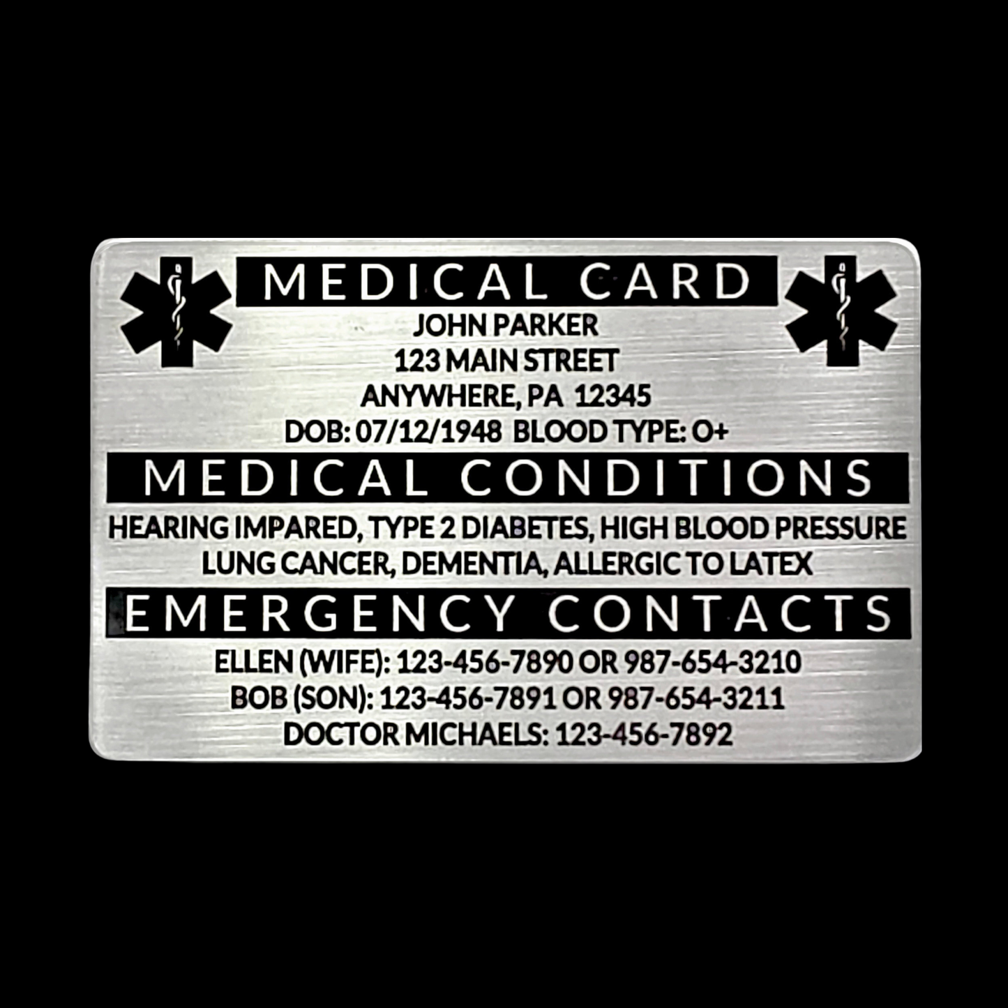 Engraved Stainless Steel Wallet Medical Card