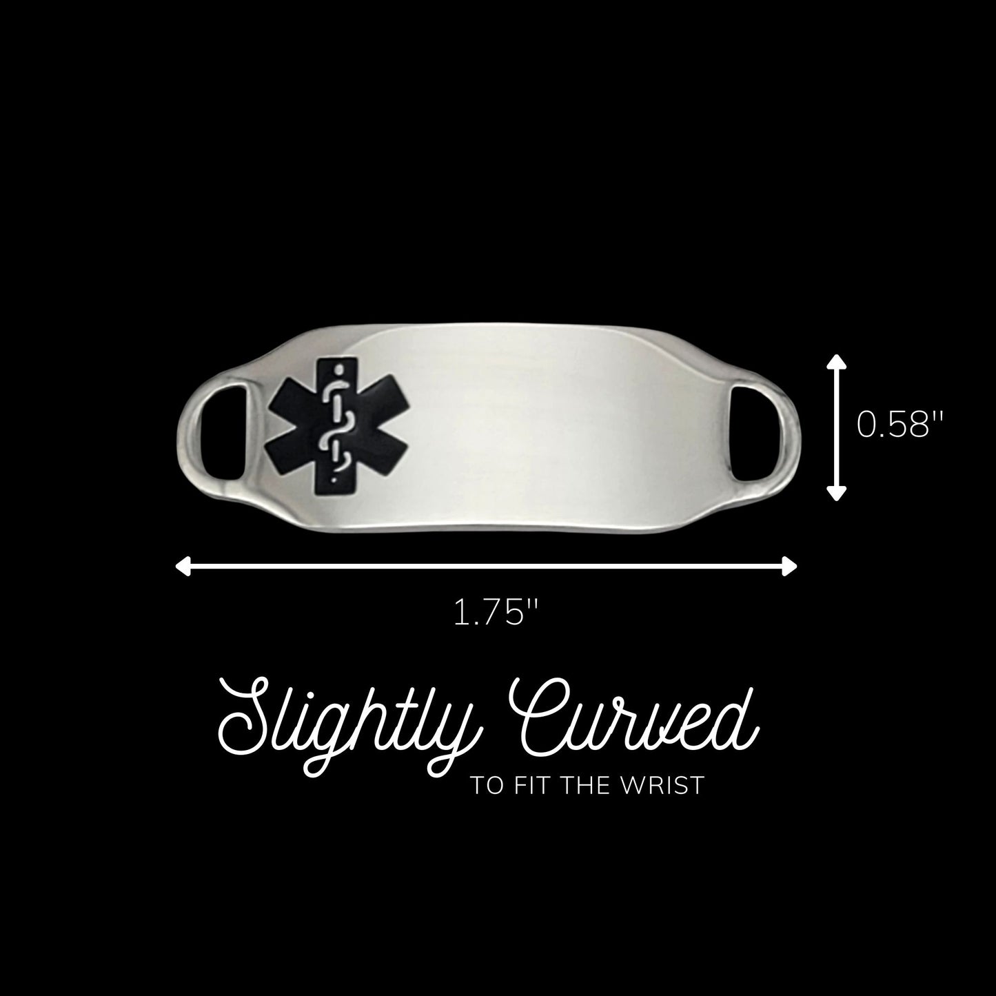 A polished silver colored ID tag, featuring a black medical symbol, 1.75 inches; wide and 0.58 inch; tall. Tag is slightly curved for comfort.
