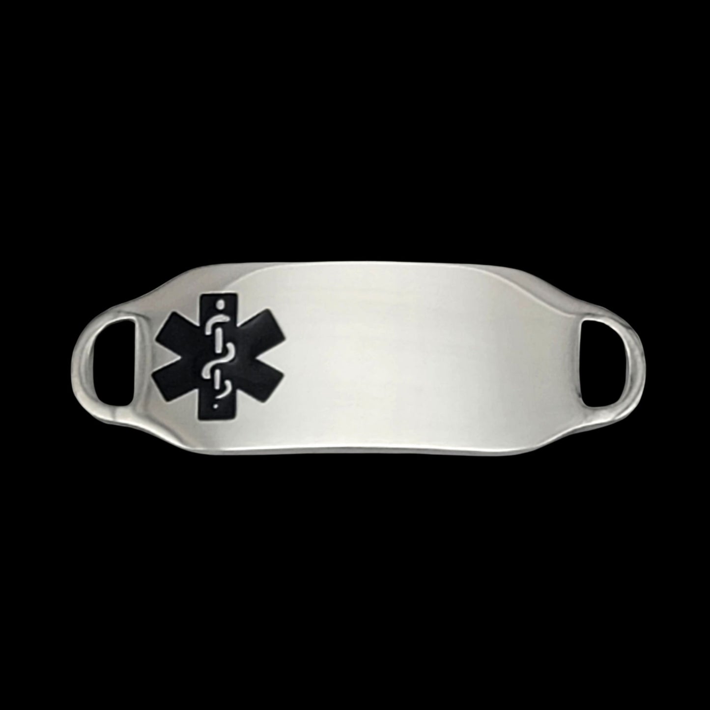A sleek stainless steel medical ID tag featuring a prominent black medical symbol, designed for emergency identification.