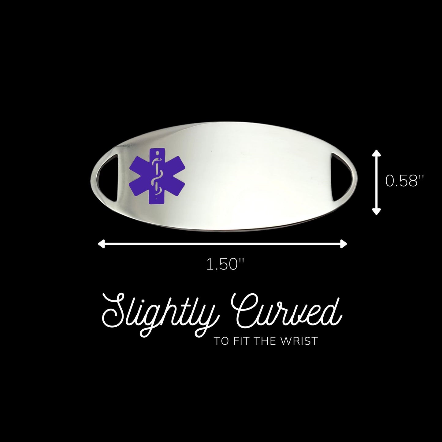 A polished silver colored ID tag, featuring a purple medical symbol, 1.50 inches; wide and 0.58 inch; tall. Tag is slightly curved for comfort.