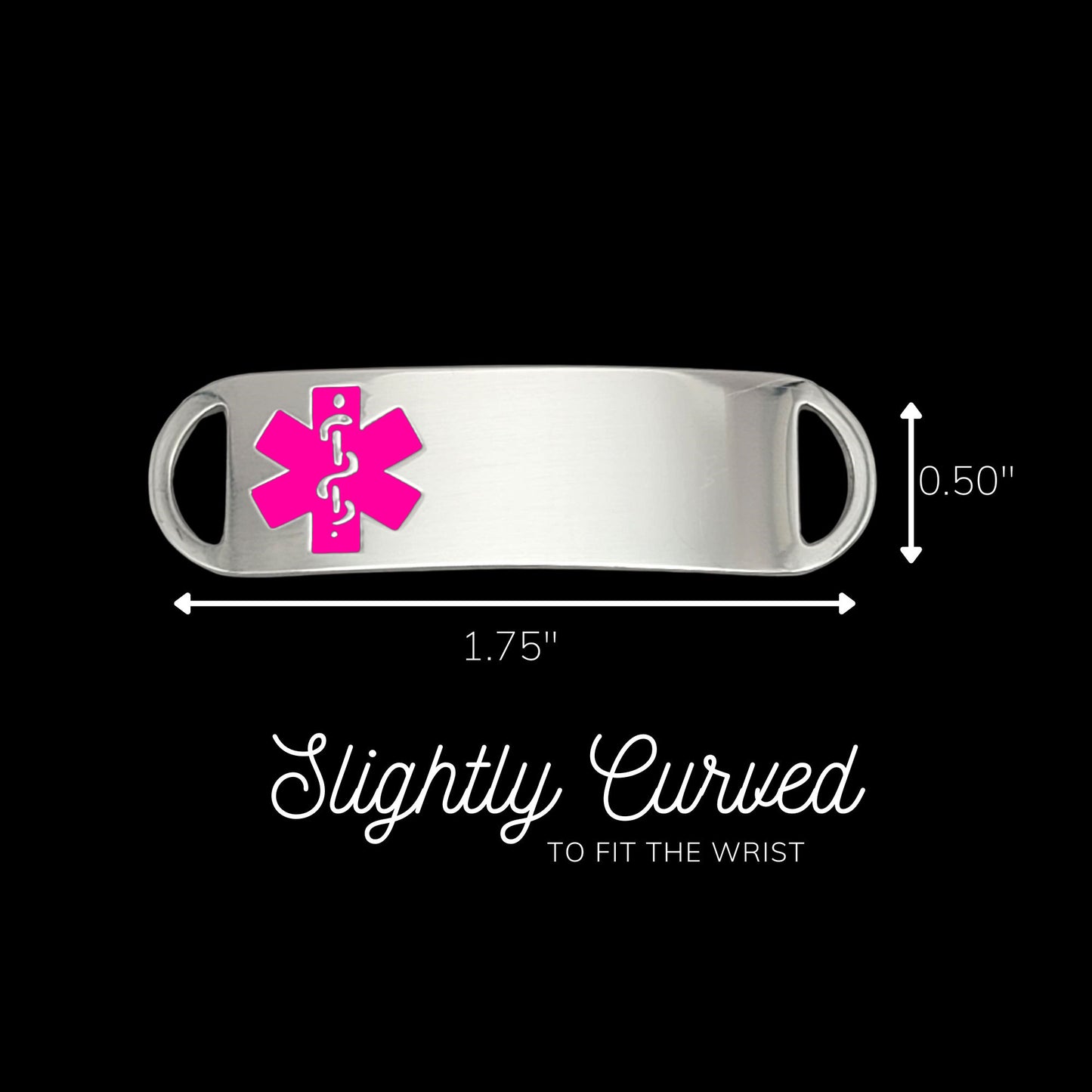 A polished silver colored ID tag, featuring a pink medical symbol, 1.75 inches wide and 0.50 inch tall. Tag is slightly curved for comfort.