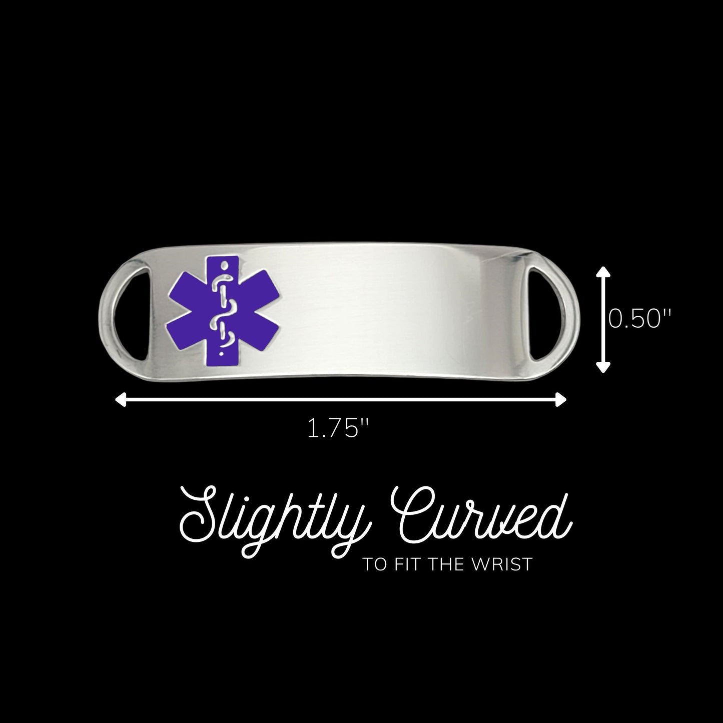 A polished silver colored ID tag, featuring a purple medical symbol, 1.75 inches wide and 0.50 inch tall. Tag is slightly curved for comfort.
