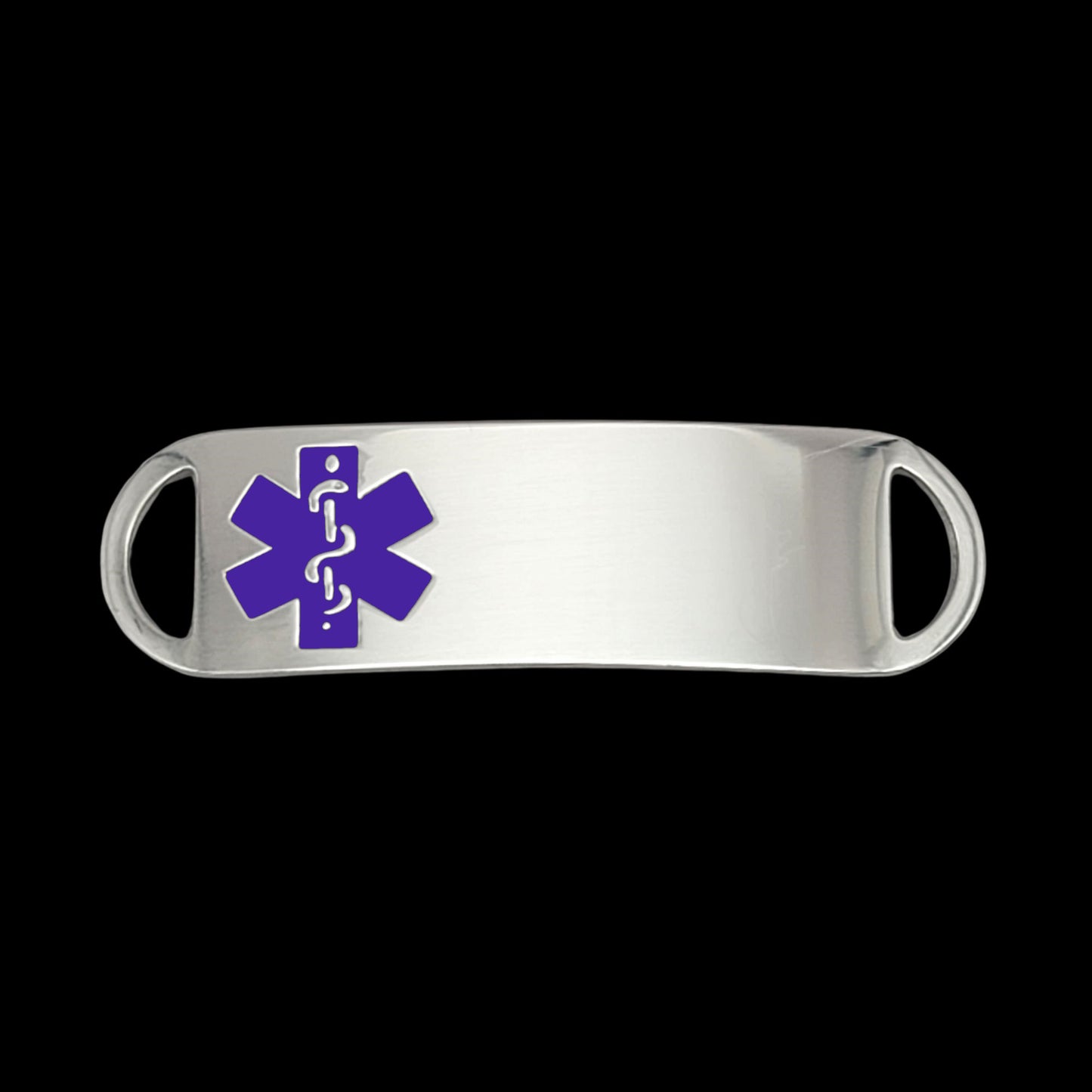 A sleek stainless steel medical ID tag featuring a prominent purple medical symbol, designed for emergency identification.