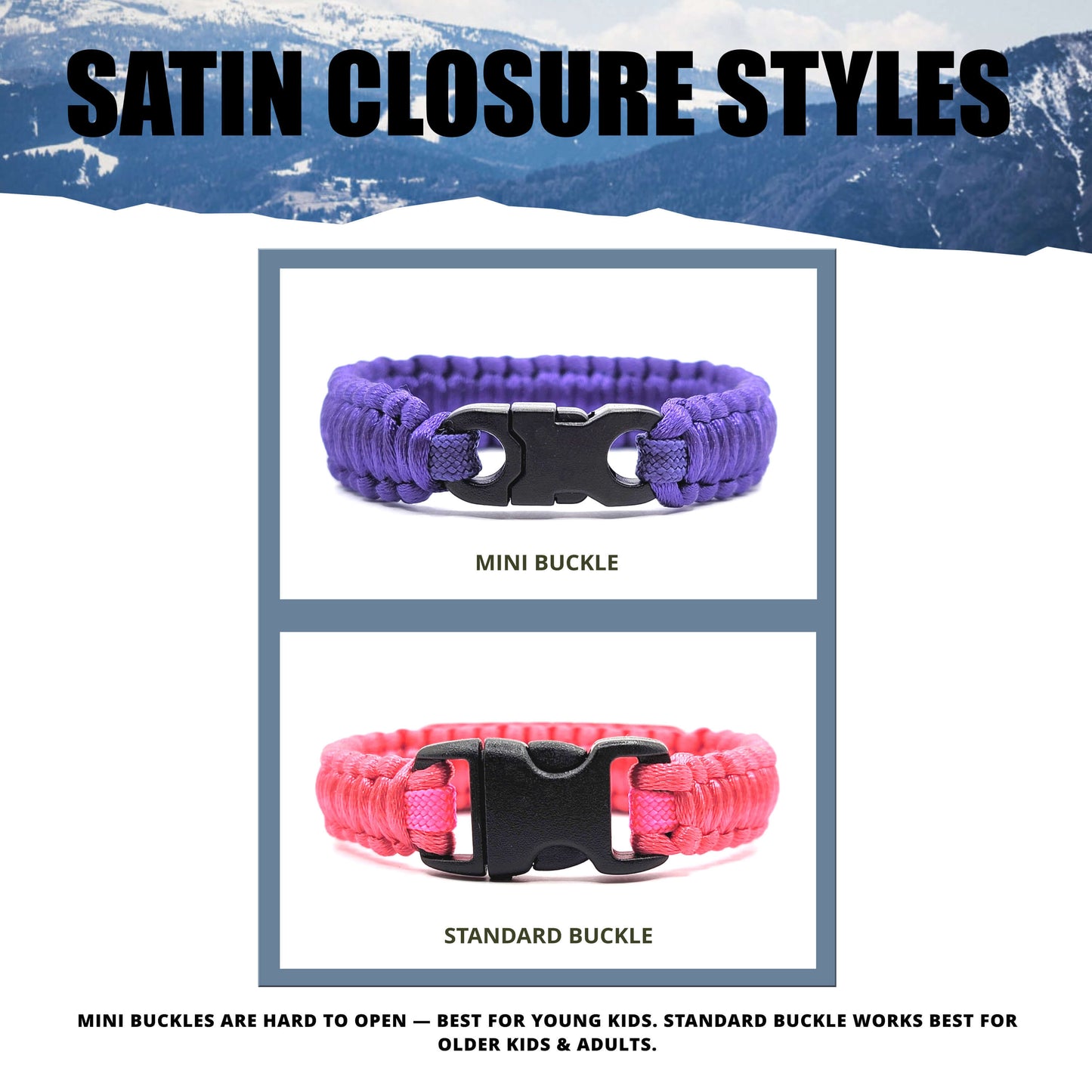 Closure Style guide for Arctic Summit satin bracelets, showing standard buckles and mini buckles. Includes average wrist measurements by age against a mountain backdrop.