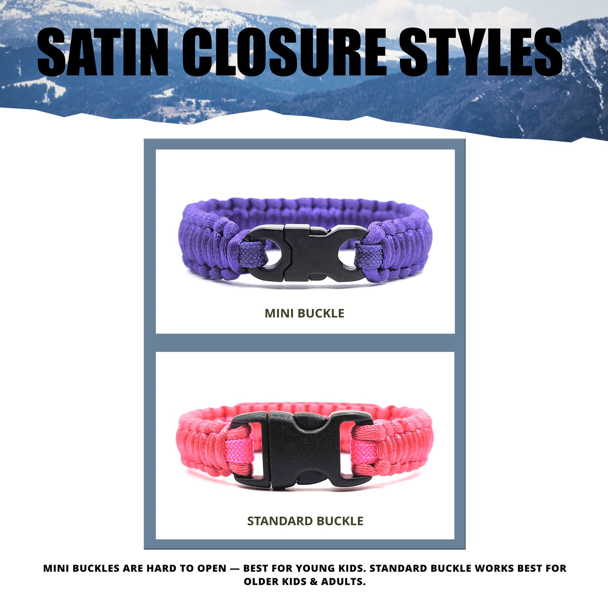 Closure Style guide for Arctic Summit satin bracelets, showing standard buckles and mini buckles. Includes average wrist measurements by age against a mountain backdrop.