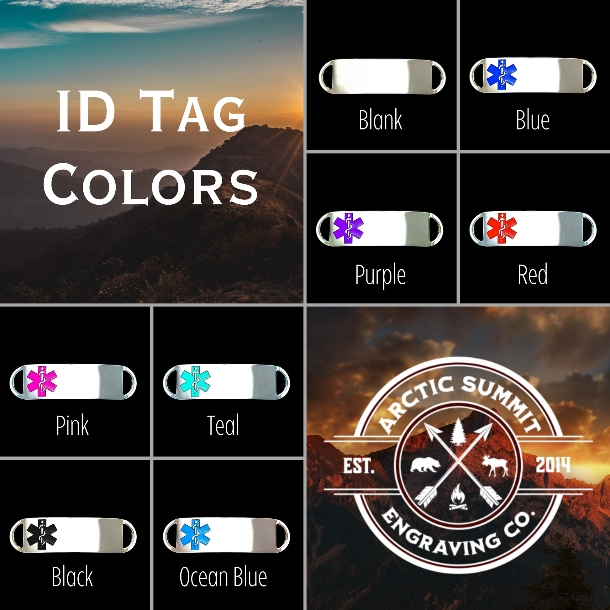 A collage displaying ID tag colors: Blank, Blue, Purple, Red, Pink, Teal, Black, and Ocean Blue