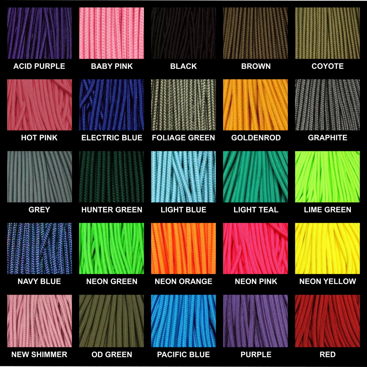 Image displaying available 275 paracord colors for Arctic Summit bracelets, featuring a variety of colors such as red, pacific blue, lime green, black, and neon yellow, each with a sample of the cord and corresponding color name label.