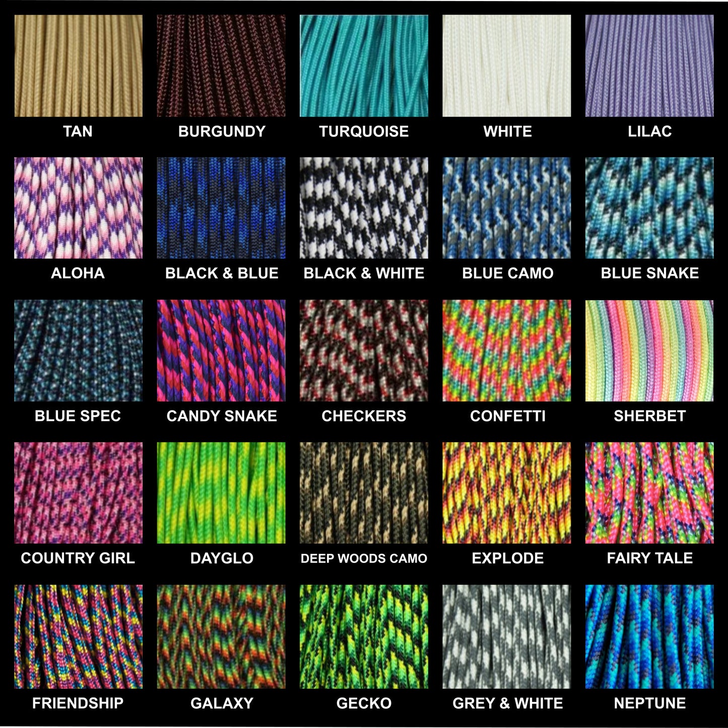Image displaying available 275 paracord colors for Arctic Summit bracelets, featuring a variety of colors such as red, pacific blue, lime green, black, and neon yellow, each with a sample of the cord and corresponding color name label.