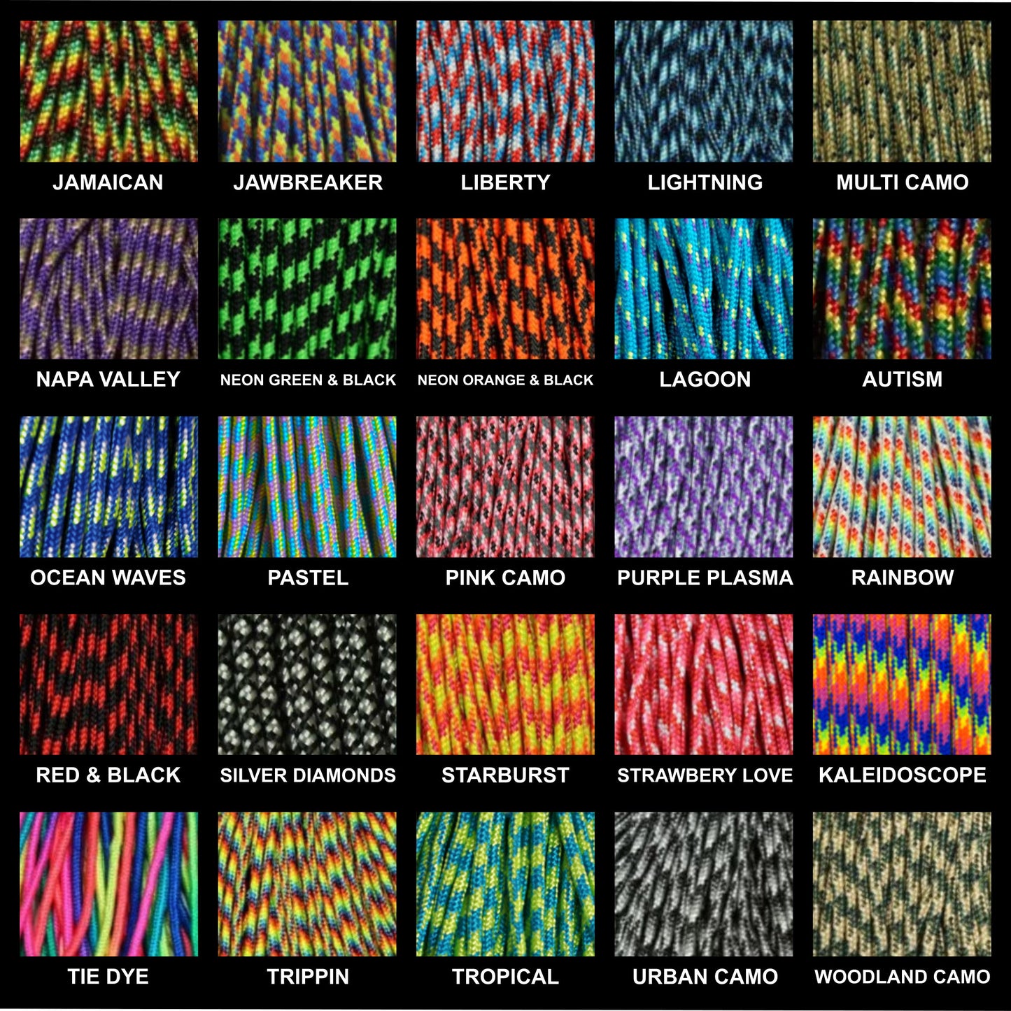 Image displaying available 275 paracord colors for Arctic Summit bracelets, featuring a variety of colors such as red, pacific blue, lime green, black, and neon yellow, each with a sample of the cord and corresponding color name label.