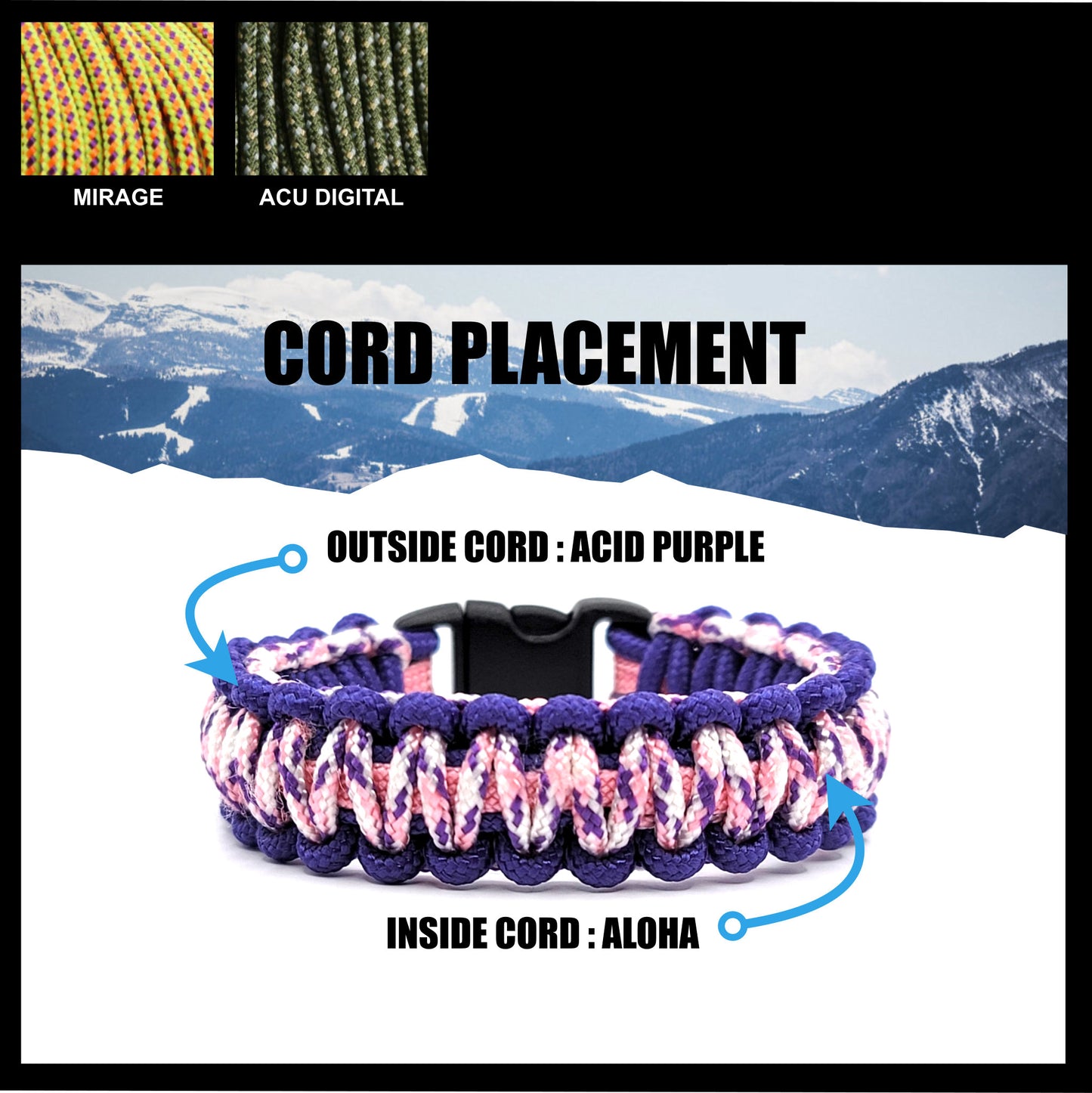 Image displaying additional cord colors and the placement for the inside cord color and the outside cord color for an Arctic Summit 275 paracord bracelet.