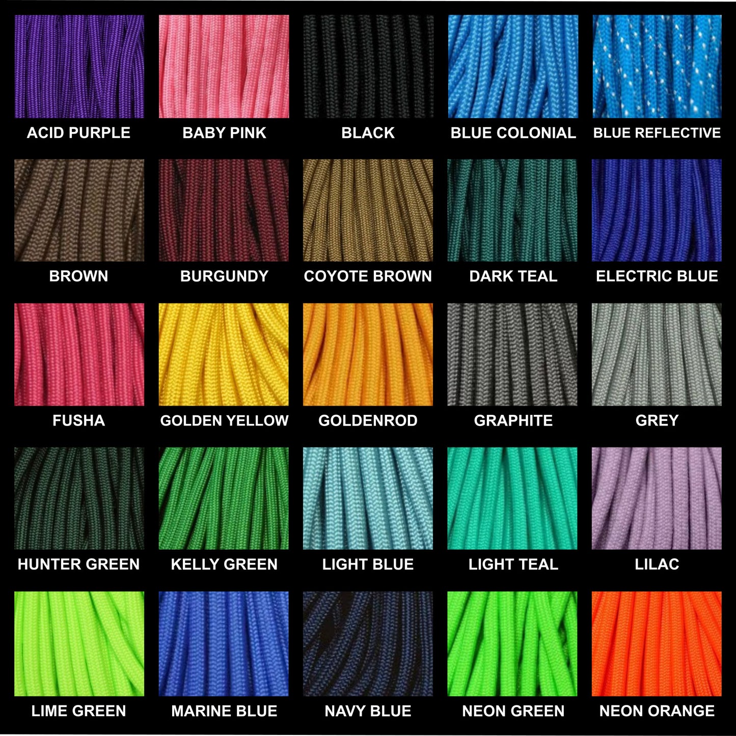 Image displaying available paracord colors for Arctic Summit bracelets, featuring a variety of colors such as red, blue, green, black, and yellow, each with a sample of the cord and corresponding color name label.