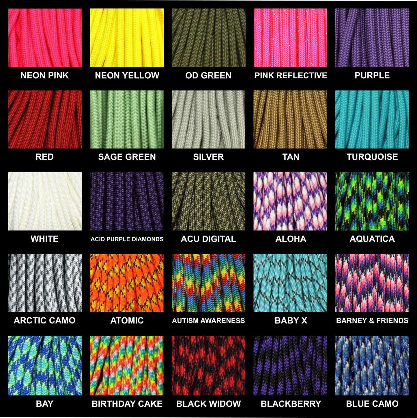 Image displaying available paracord colors for Arctic Summit bracelets, featuring a variety of colors such as red, blue, green, black, and yellow, each with a sample of the cord and corresponding color name label.