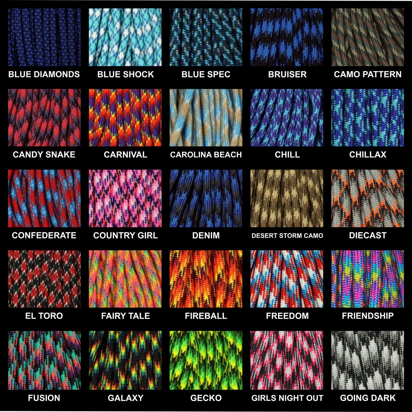 Image displaying available paracord colors for Arctic Summit bracelets, featuring a variety of patterned colors such as camo colors and multi colored diamond patterns, each with a sample of the cord and corresponding color name label.