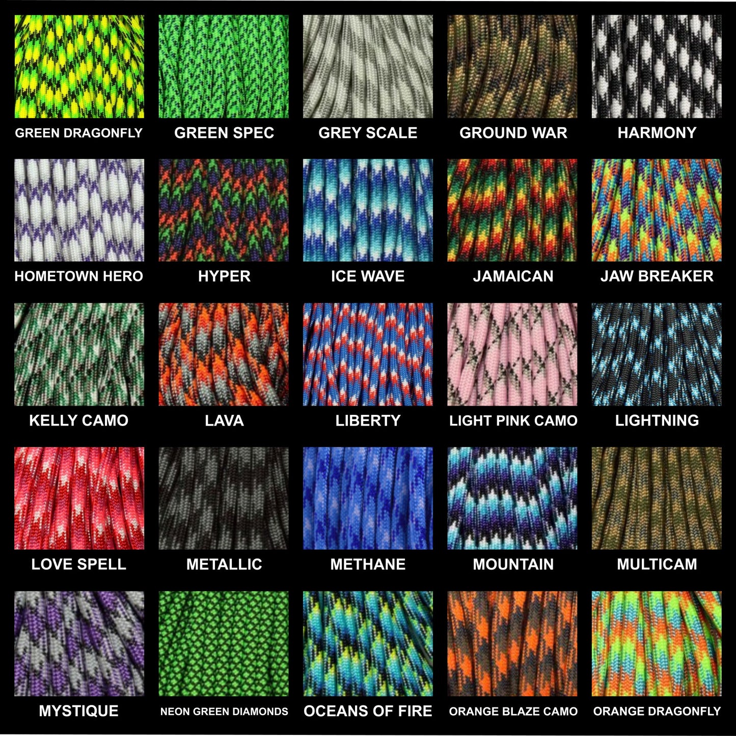 Image displaying available paracord colors for Arctic Summit bracelets, featuring a variety of patterned colors such as camo colors and multi colored diamond patterns, each with a sample of the cord and corresponding color name label.