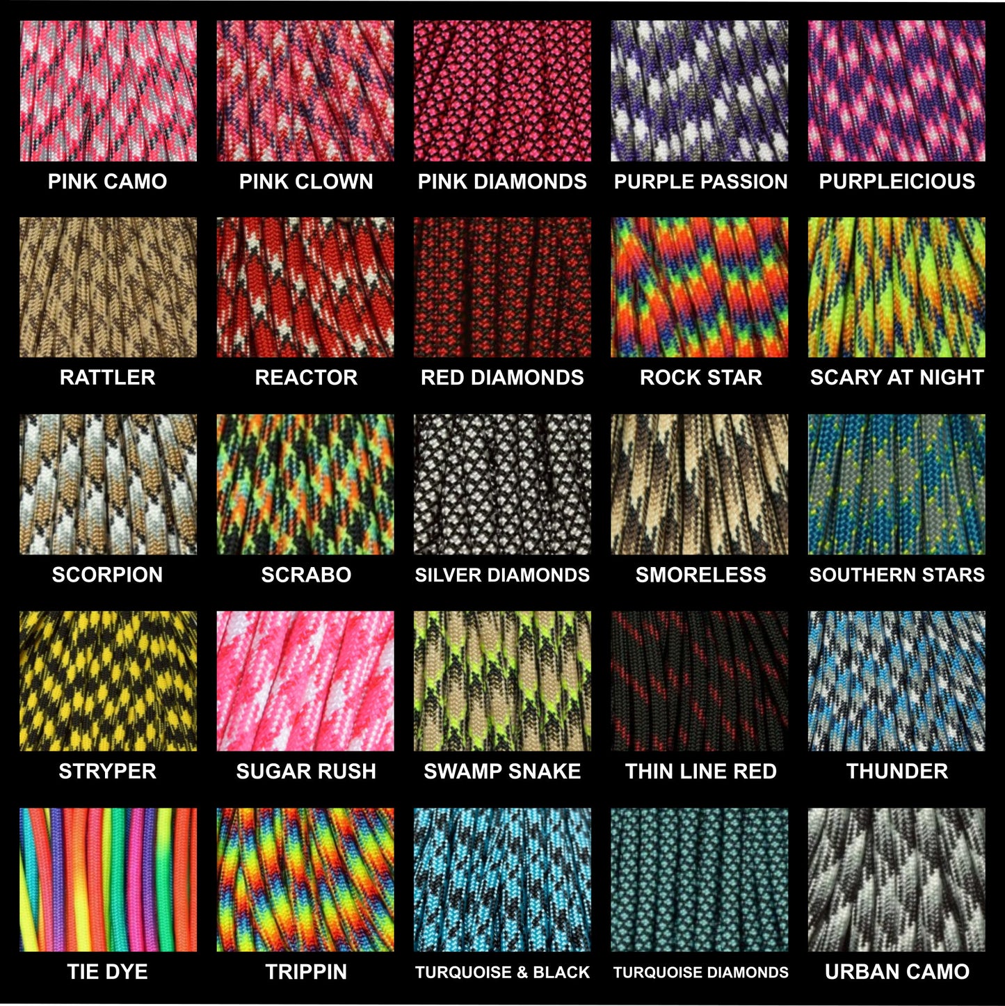 Image displaying available paracord colors for Arctic Summit bracelets, featuring a variety of patterned colors such as camo colors and multi colored diamond patterns, each with a sample of the cord and corresponding color name label.