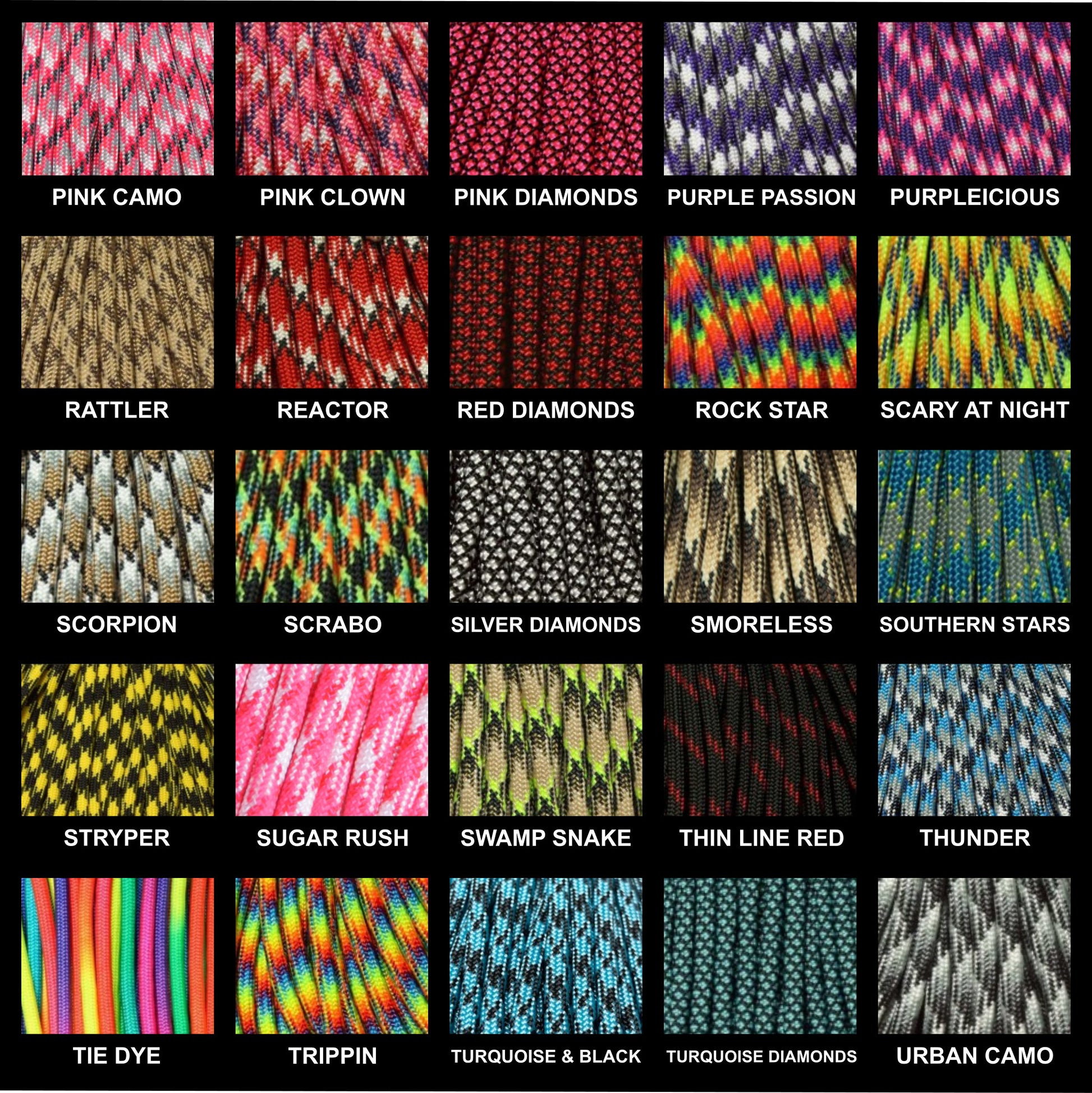 Image displaying available paracord colors for Arctic Summit bracelets, featuring a variety of patterned colors such as camo colors and multi colored diamond patterns, each with a sample of the cord and corresponding color name label.