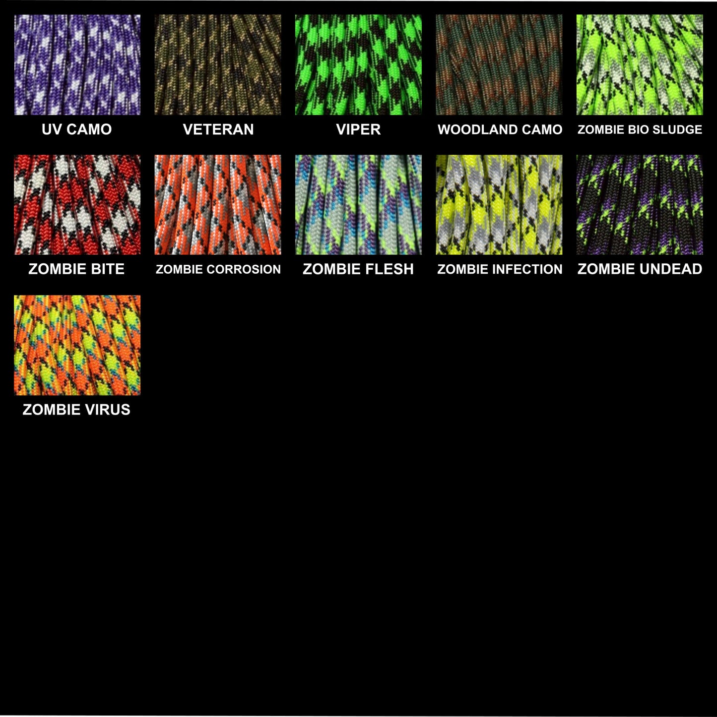 Image displaying available paracord colors for Arctic Summit bracelets, featuring a variety of patterned colors such as camo colors and multi colored diamond patterns, each with a sample of the cord and corresponding color name label.
