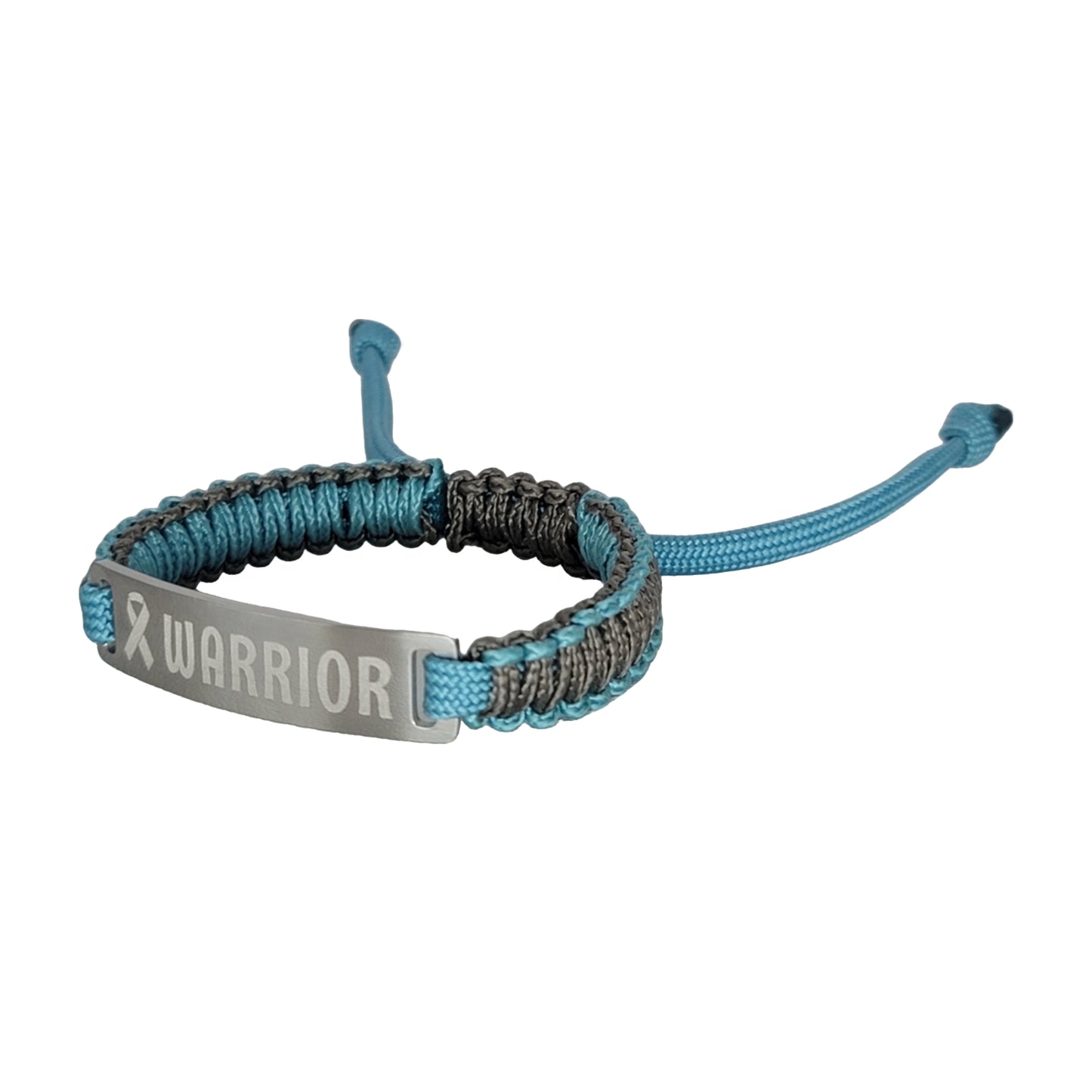 A side view of a bracelet made with teal and black micro cord showing its adjustable design with cords laid flat against a white background.