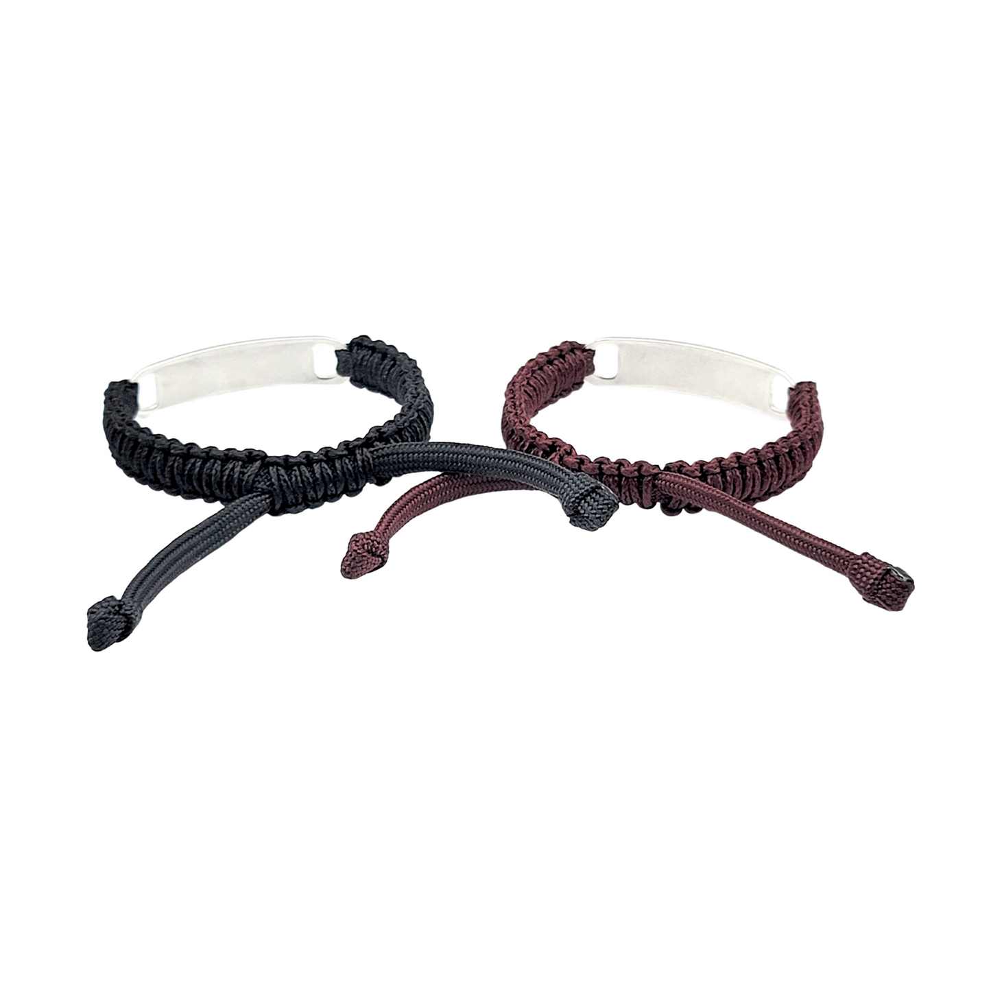 A set of two micro paracord bracelets, one in black and one in maroon, placed side by side to facing backwards to showcase how the bracelet adjusts. Displayed on a white surface.