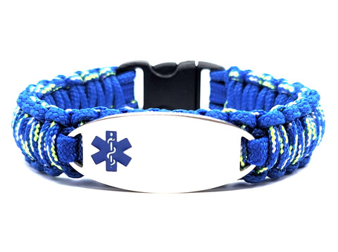 275 Paracord Bracelet with Engraved Oval Stainless Steel Medical Alert ID Tag - Blue
