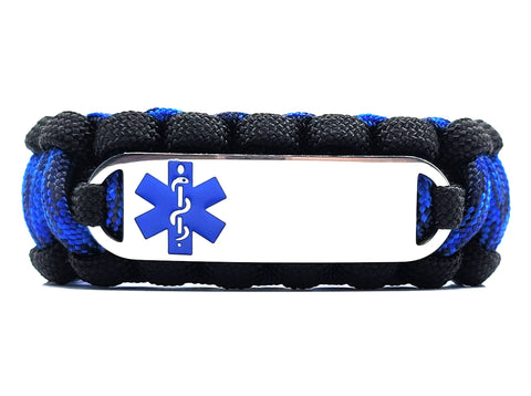 550 Paracord Bracelet with Engraved Stainless Steel Medical Alert ID Tag - Blue Small Rectangle