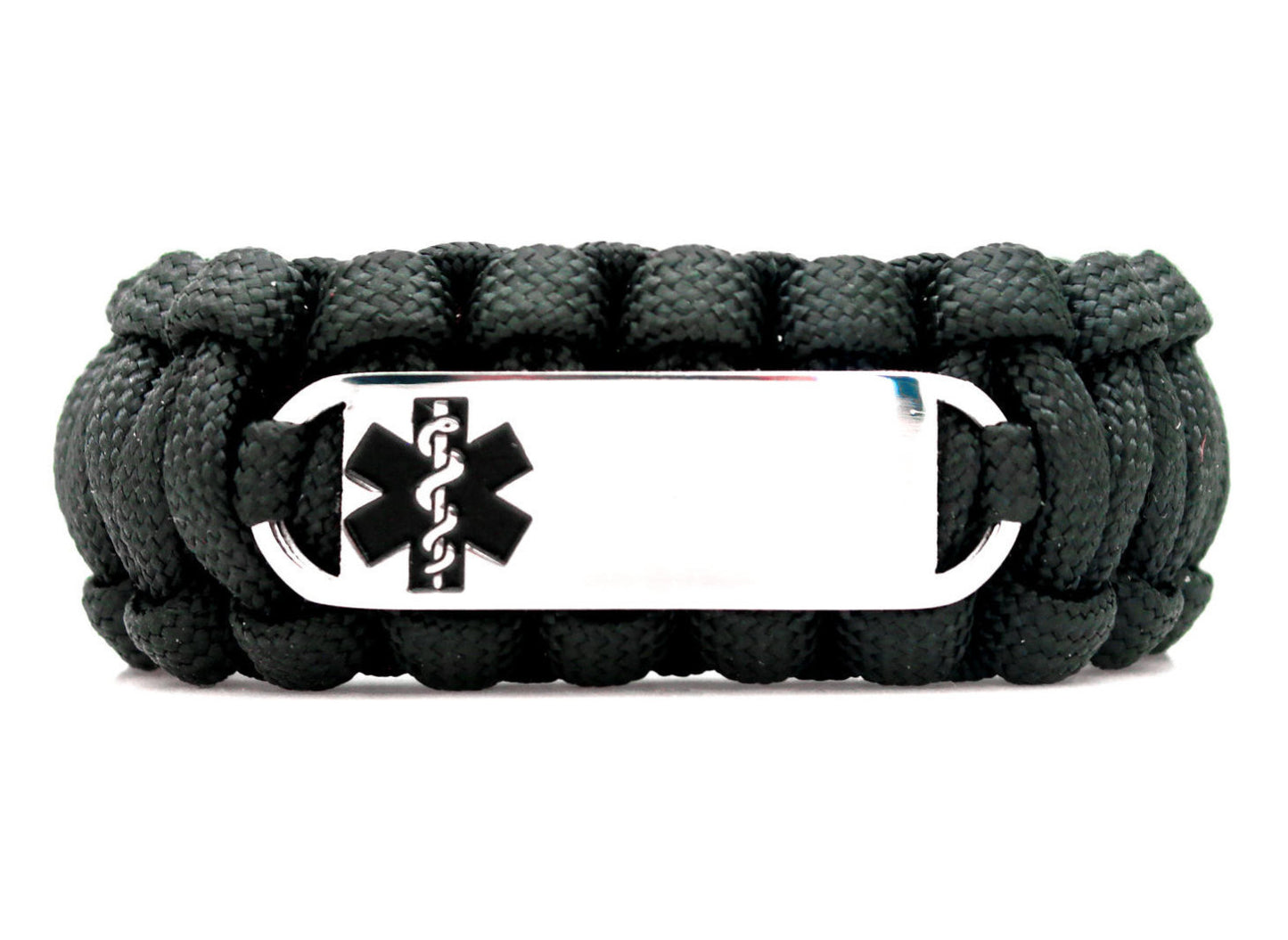 Black paracord medical alert bracelet with a silver colored, stainless steel ID tag with an enameled black medical symbol, displayed on a white background.