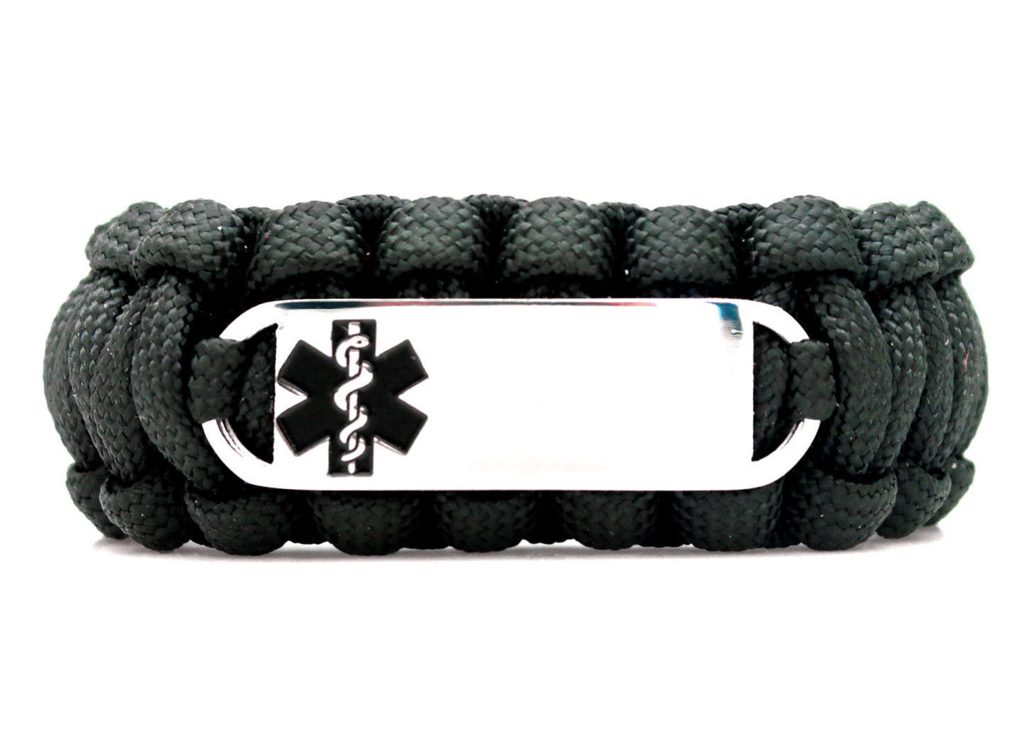 Black paracord medical alert bracelet with a silver colored, stainless steel ID tag with an enameled black medical symbol, displayed on a white background.