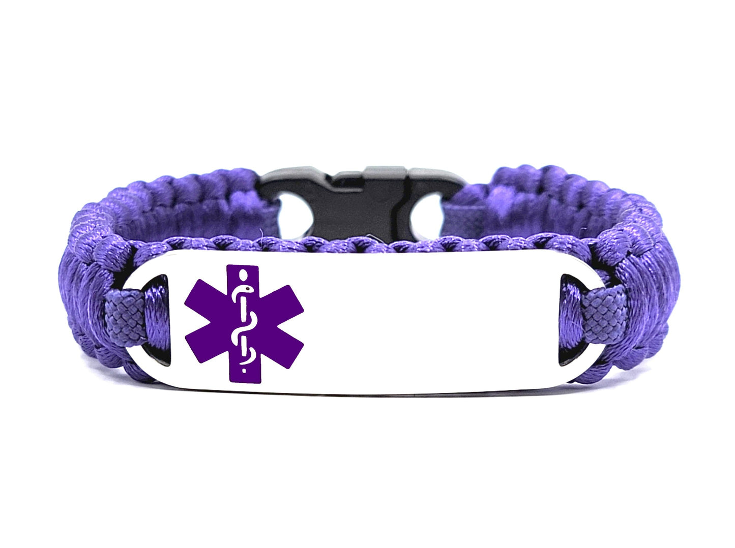 Purple satin medical alert bracelet featuring a stainless steel tag with a purple medical symbol, displayed on a white background.