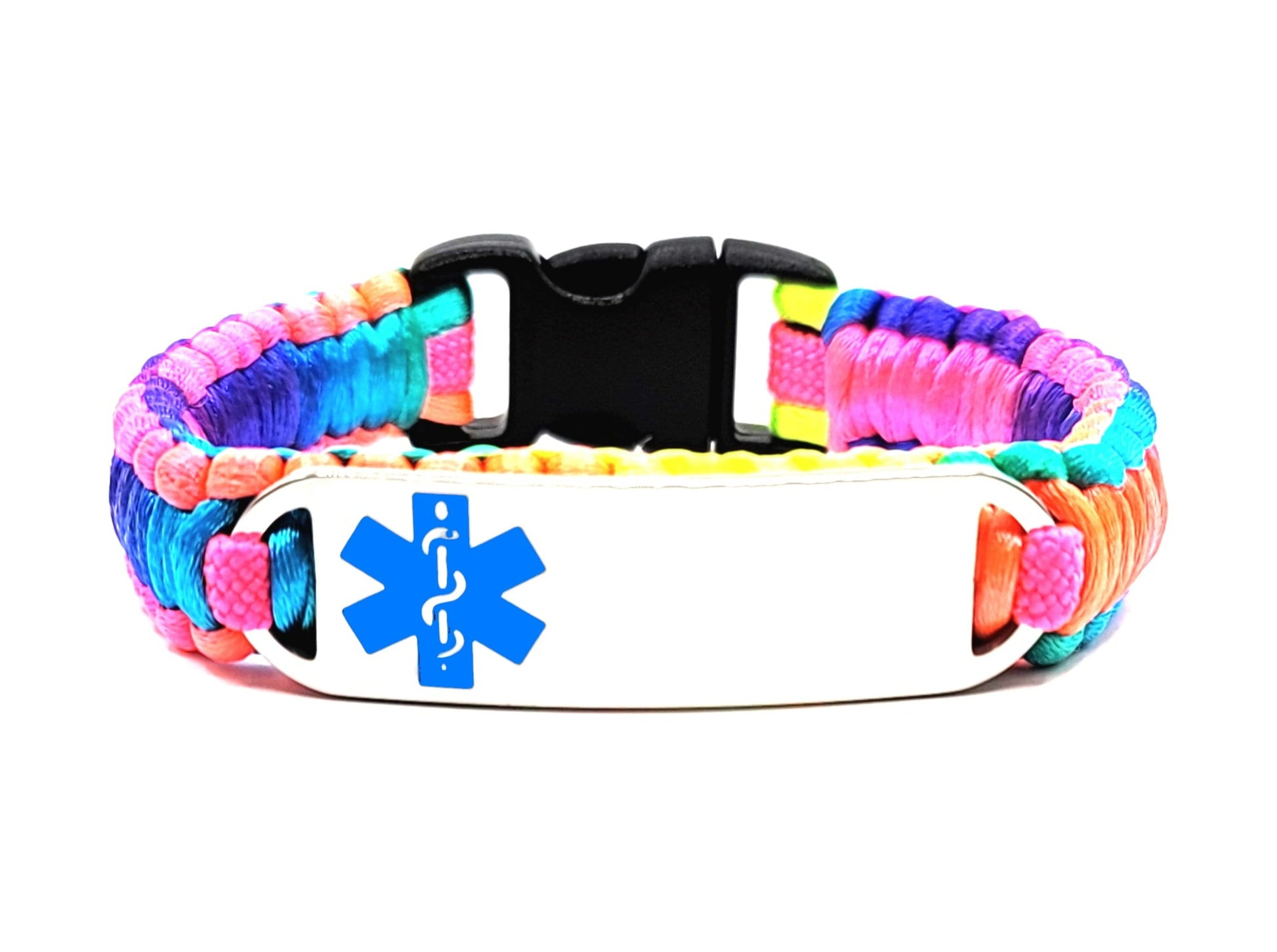 A colorful satin medical alert bracelet with a silver medical ID tag featuring a blue medical symbol, on a white background.