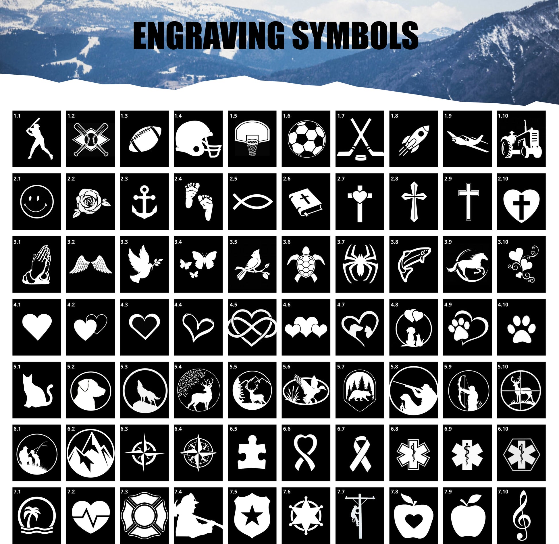 Chart displaying available engraving symbol selections for Arctic Summit bracelets, each labeled with a number for ordering.
