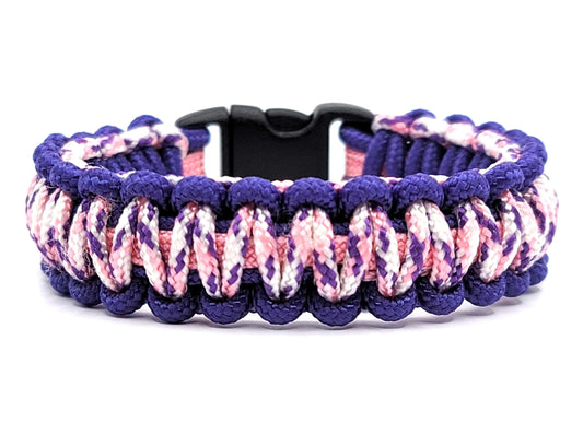 Pink & purple thin 275 paracord ID bracelet displayed on a white background.