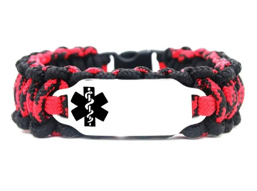 Red & black, thin, 275 paracord medical alert bracelet with a silver colored, stainless steel ID tag with an enameled black medical symbol, displayed on a white background.