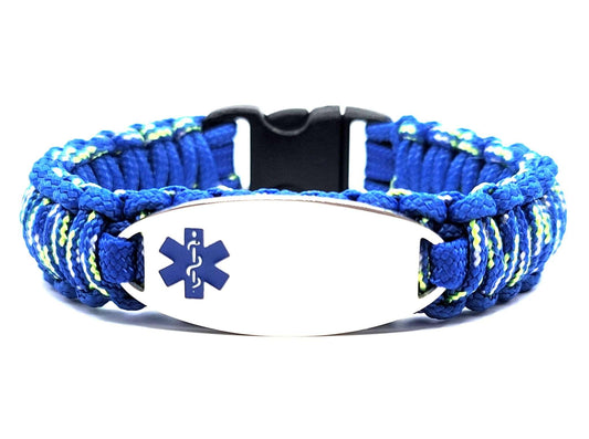 Blue and yellow, thin, 275 paracord medical alert bracelet with a silver colored, stainless steel ID tag with an enameled blue medical symbol, displayed on a white background.