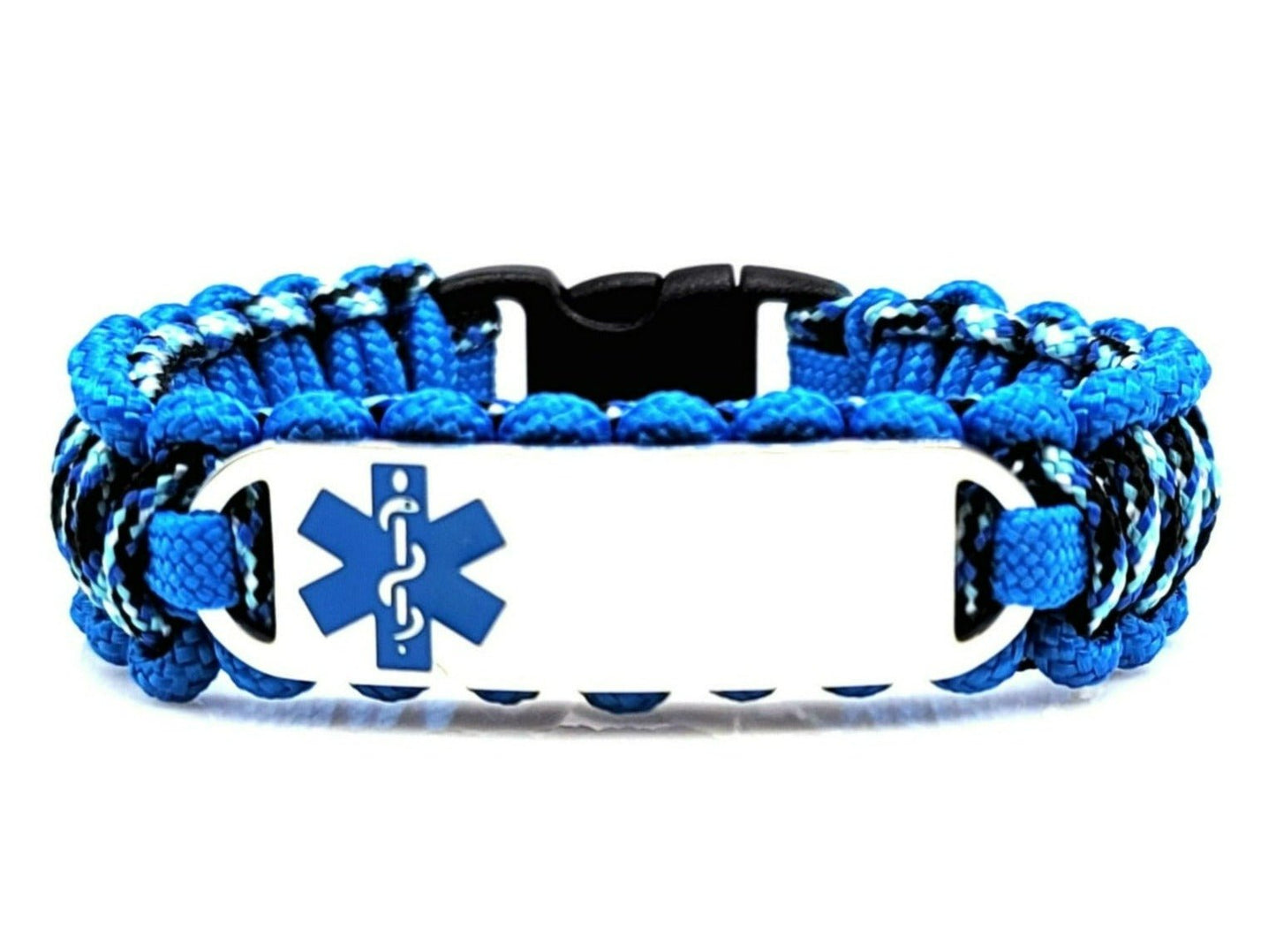 Blue and black, thin, 275 paracord medical alert bracelet with a silver colored, stainless steel ID tag with an enameled ocean blue medical symbol, displayed on a white background.