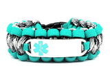 550 Paracord Bracelet with Engraved Stainless Steel Medical Alert ID Tag - Teal Small Rectangle