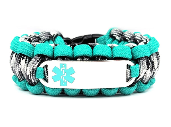 550 Paracord Bracelet with Engraved Stainless Steel Medical Alert ID Tag - Teal Small Rectangle
