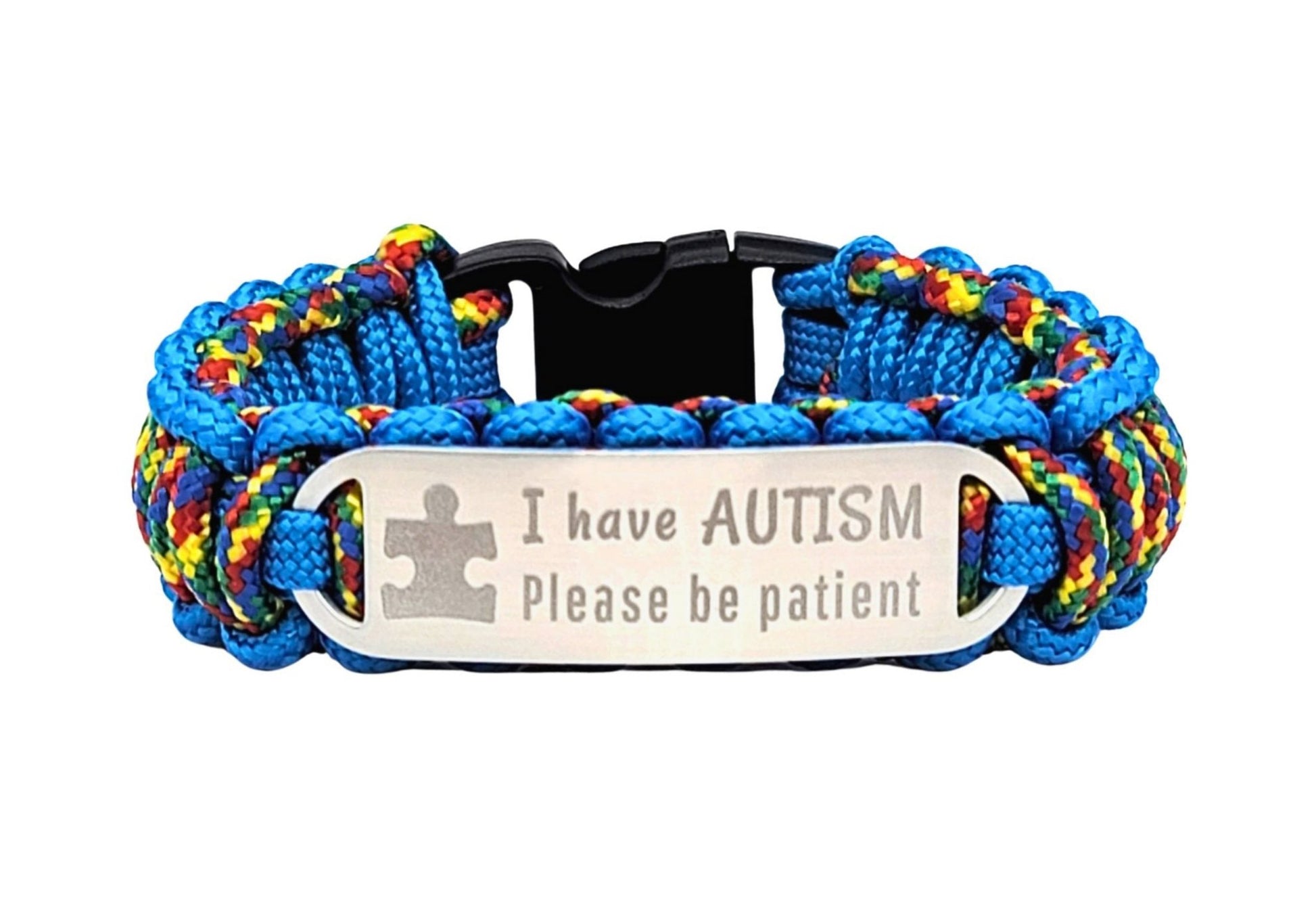 Colorful thin 275 paracord ID bracelet with a silver, stainless steel ID tag engraved with I have autism, please be patient and a puzzle piece, displayed on a white background.