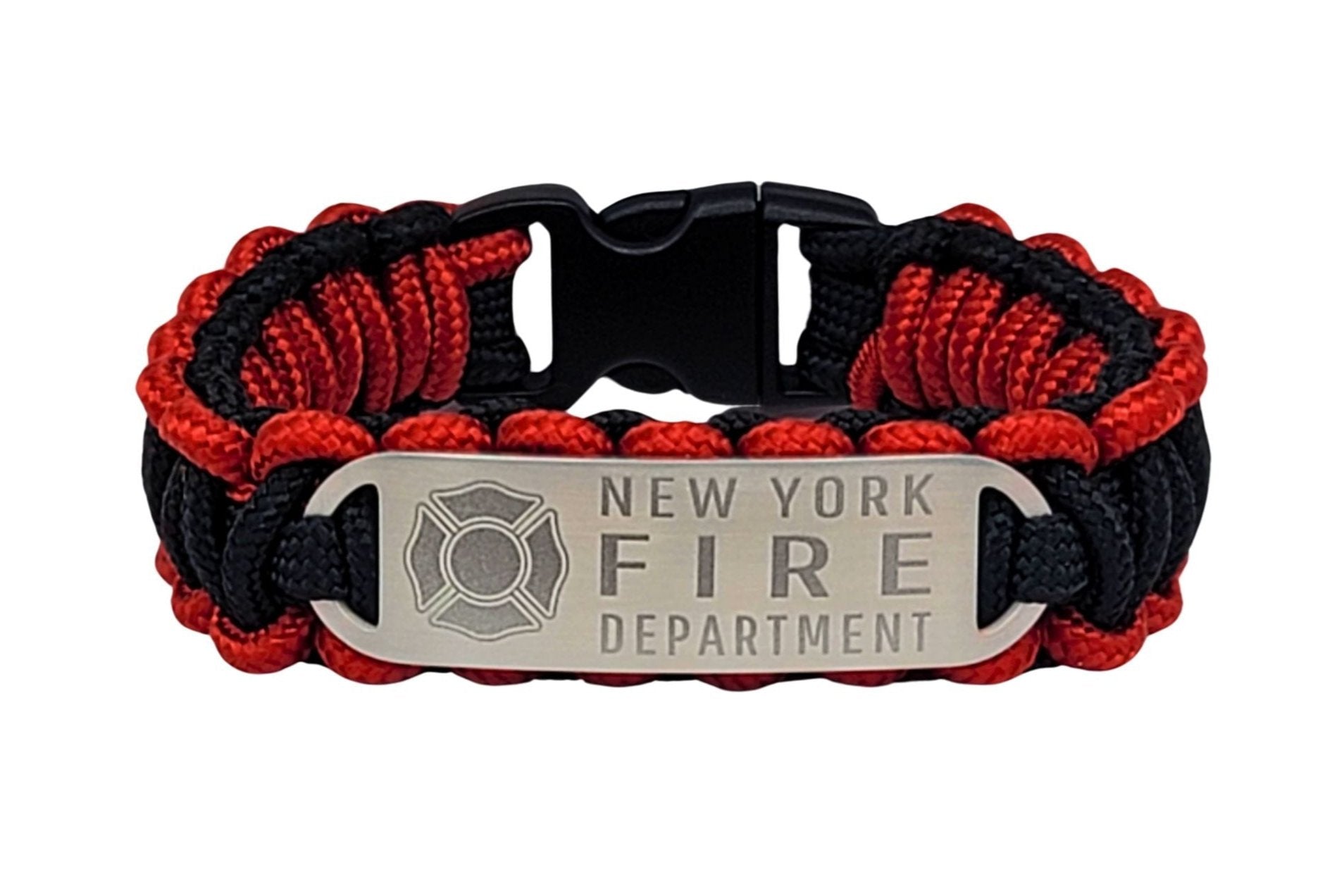 Red & Black thin 275 paracord ID bracelet with a silver, stainless steel ID tag engraved with New York Fire Department and Maltese cross symbol, displayed on a white background.